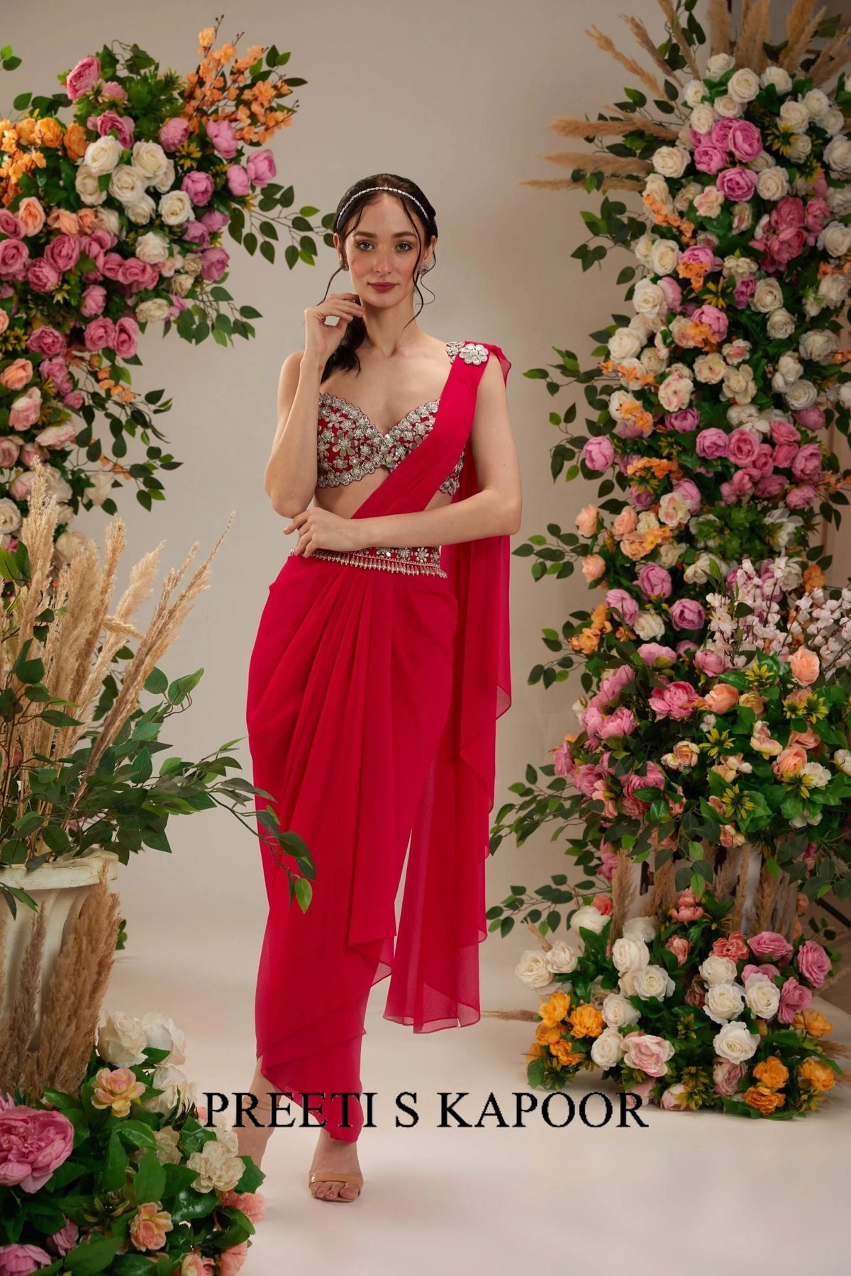 Hot Pink Dupion Blouse Georgette saree - Preeti S Kapoor