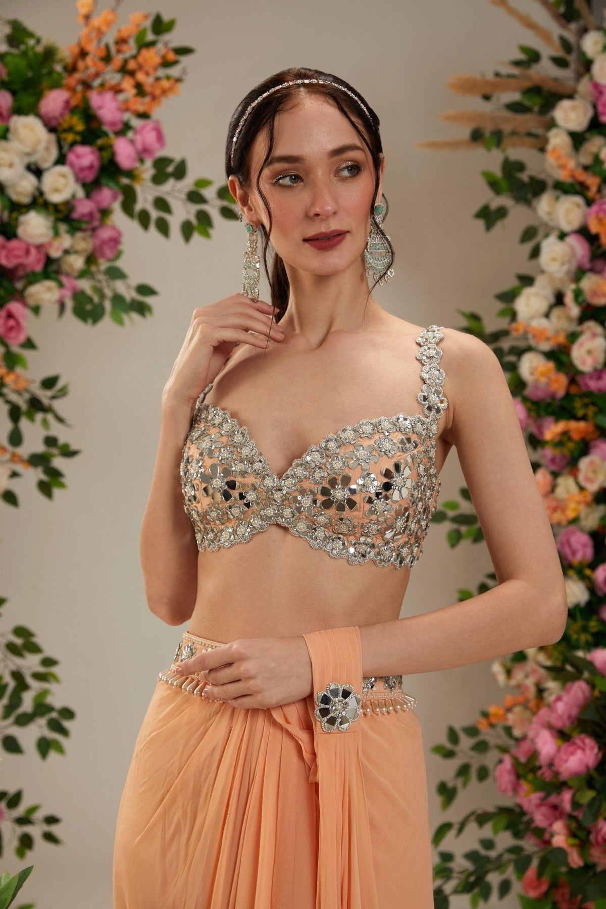 Light Peach Dupion Blouse Georgette Saree - Preeti s kapoor