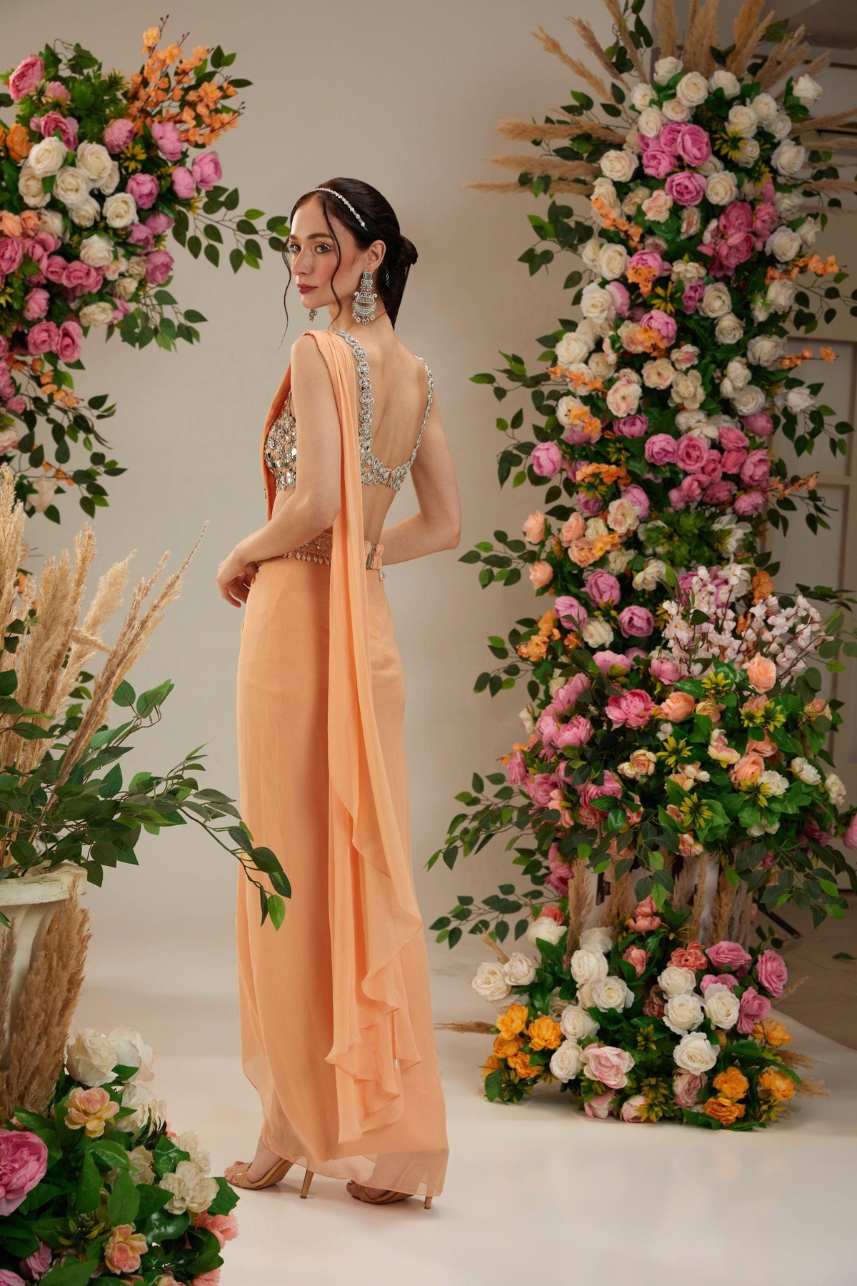 Light Peach Dupion Blouse Georgette Saree - Preeti s kapoor