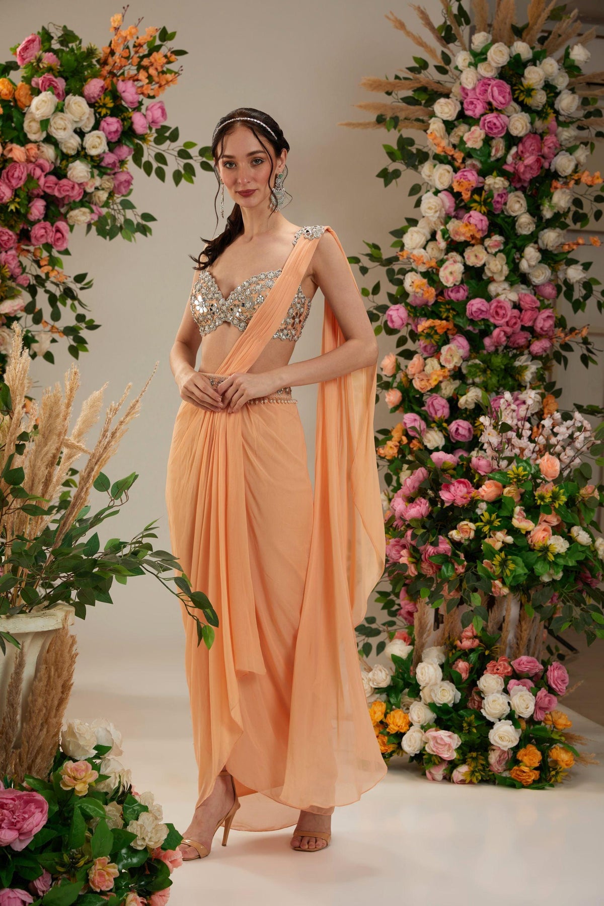 Light Peach Dupion Blouse Georgette Saree - Preeti s kapoor