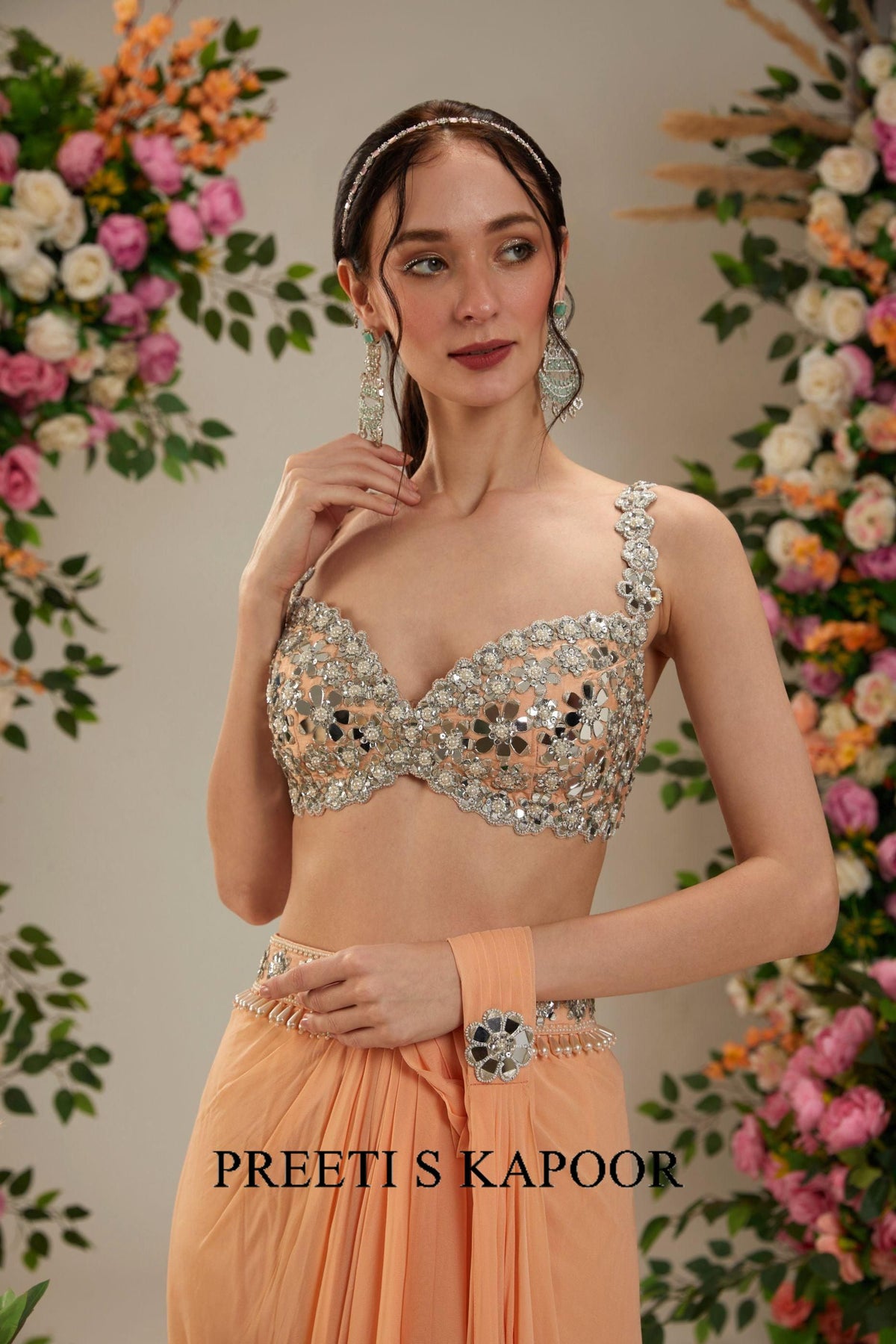 Light Peach Dupion Blouse Georgette Saree