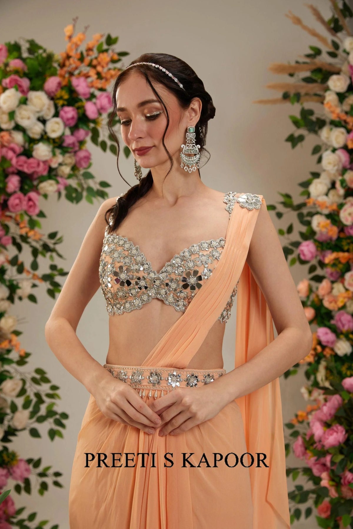 Light Peach Dupion Blouse Georgette Saree - Preeti S Kapoor