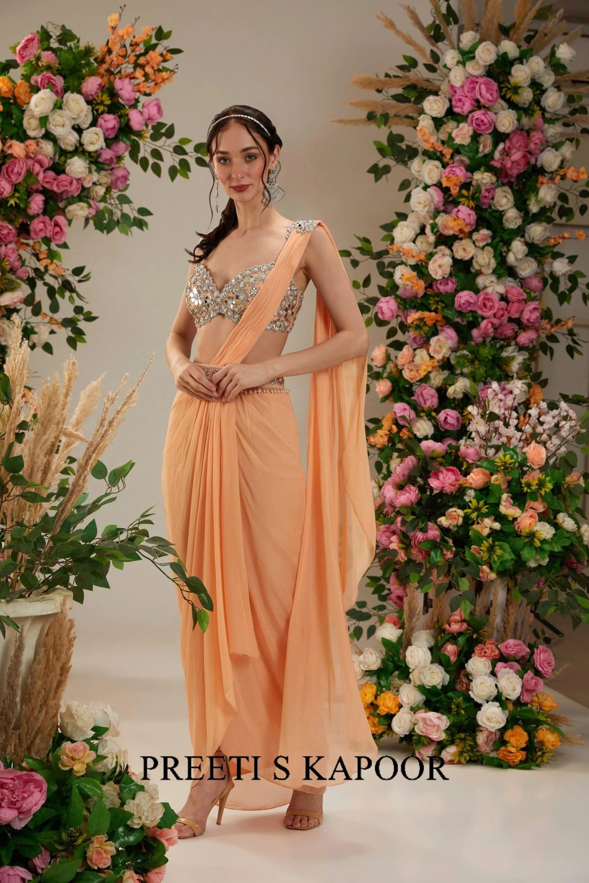 Light Peach Dupion Blouse Georgette Saree - Preeti S Kapoor