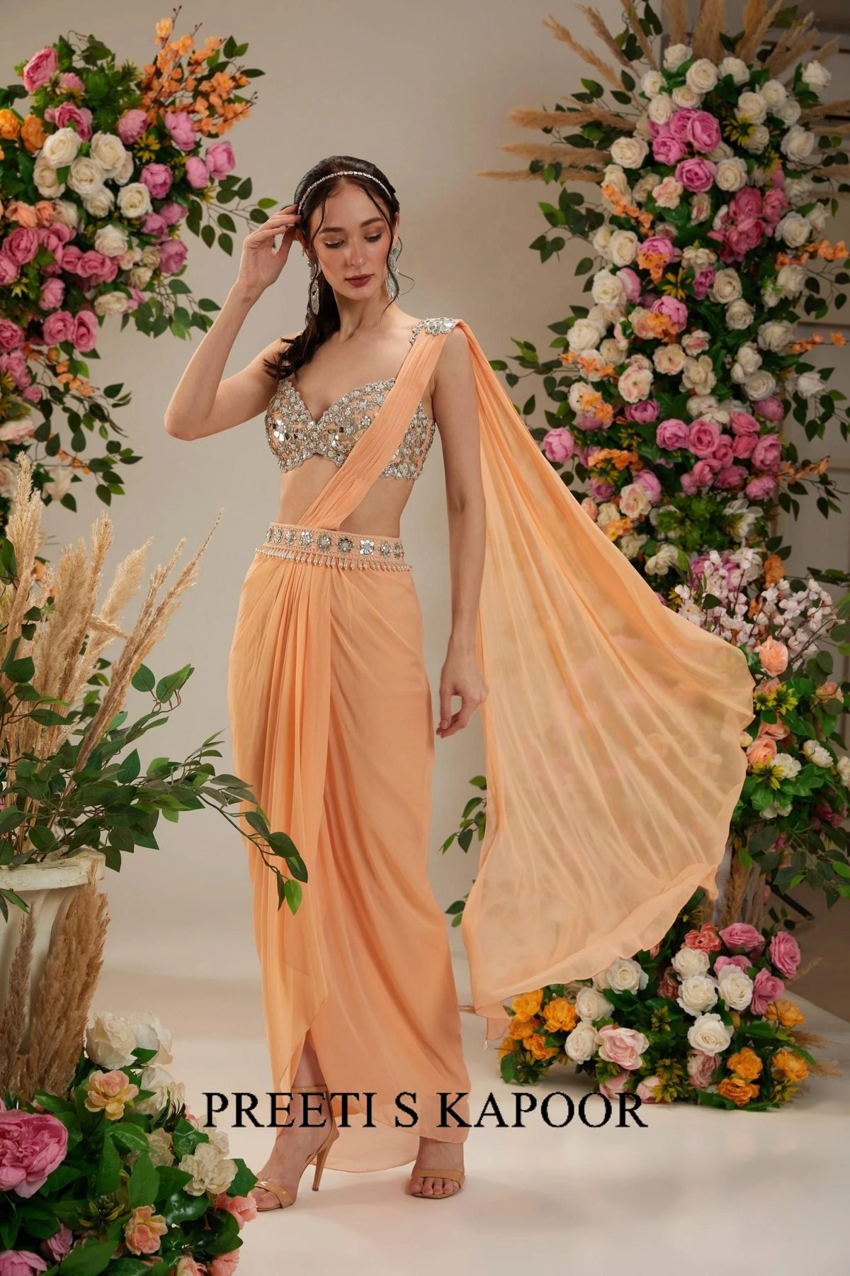 Light Peach Dupion Blouse Georgette Saree - Preeti S Kapoor