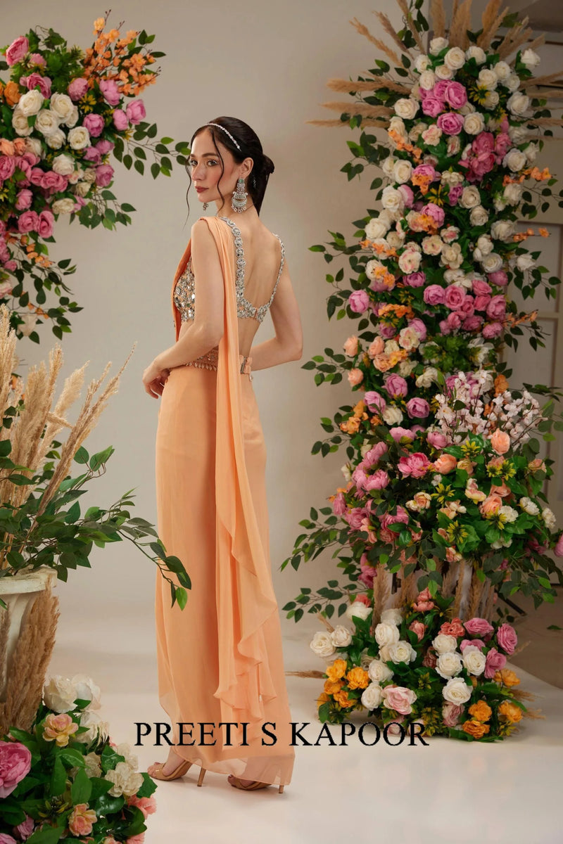 Light Peach Dupion Blouse Georgette Saree - Preeti S Kapoor