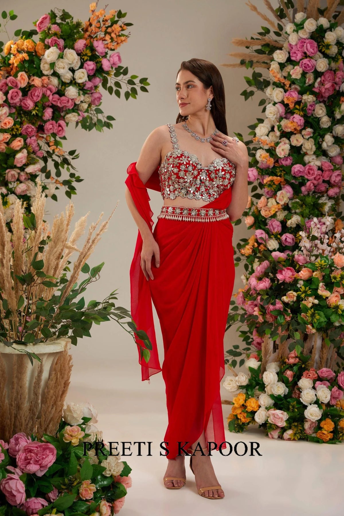 Cadmium red Dupion Blouse Georgette Saree - Preeti S Kapoor