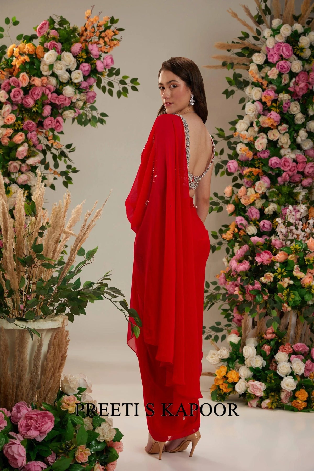 Cadmium red Dupion Blouse Georgette Saree - Preeti S Kapoor