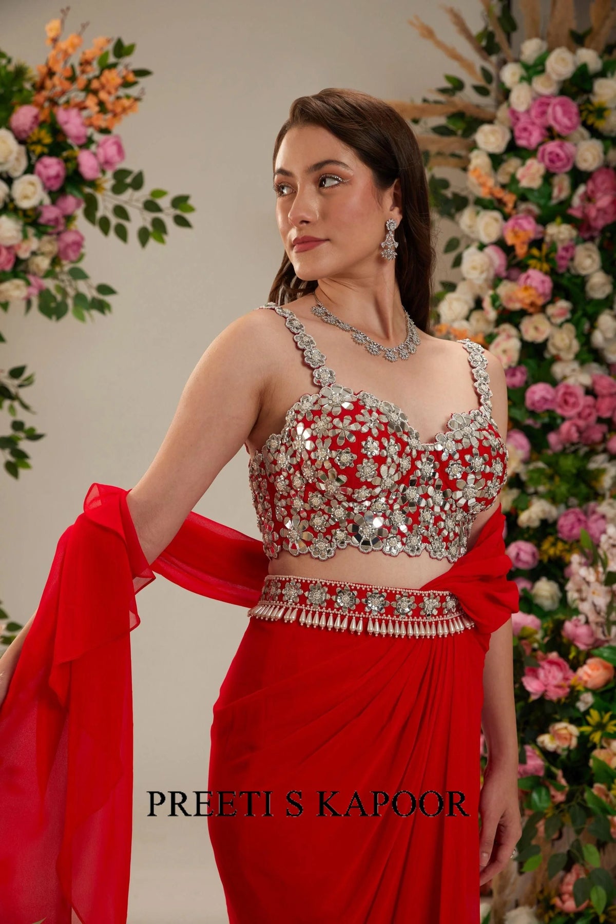 Cadmium red Dupion Blouse Georgette Saree - Preeti S Kapoor