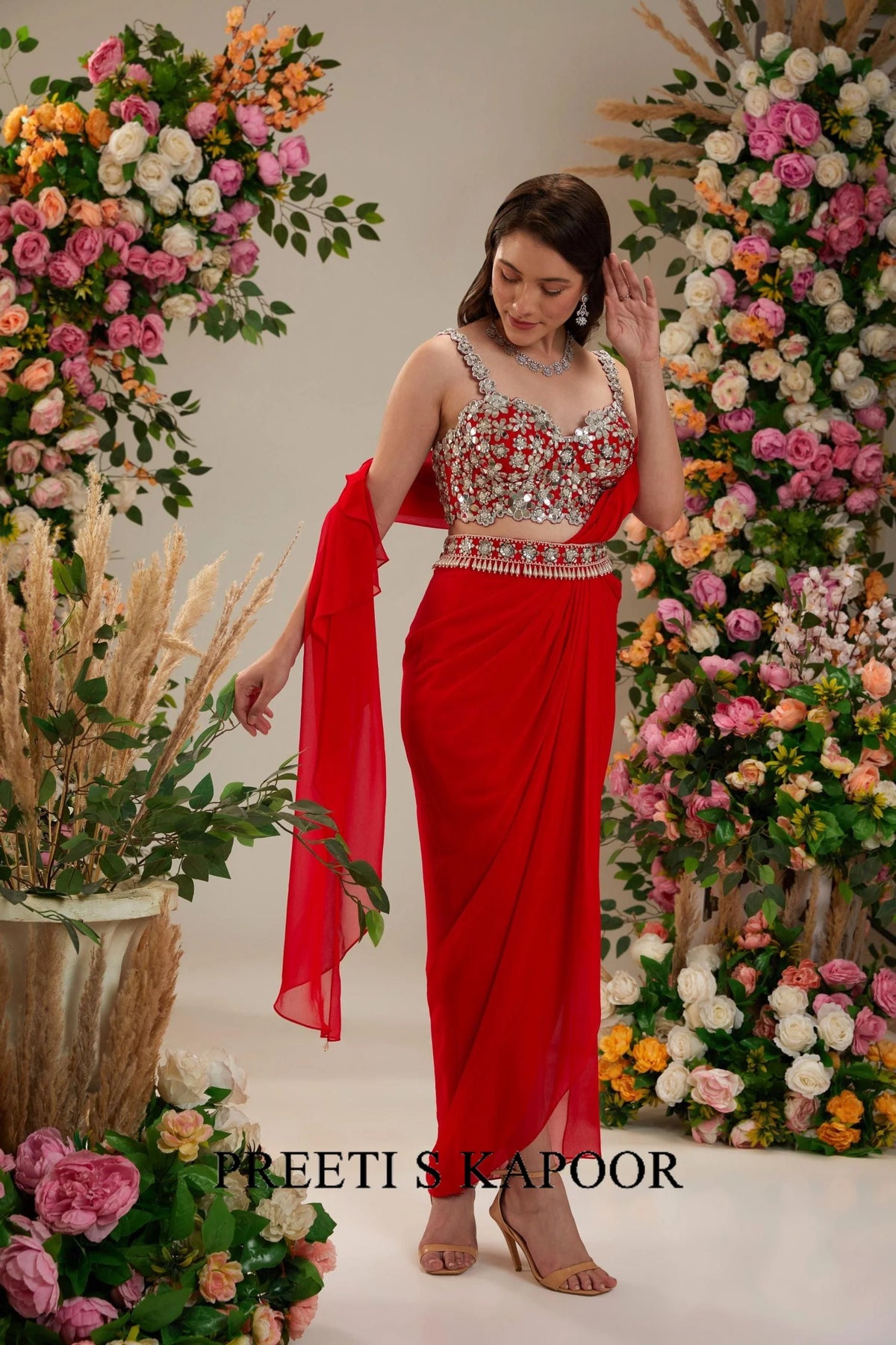 Cadmium red Dupion Blouse Georgette Saree - Preeti S Kapoor