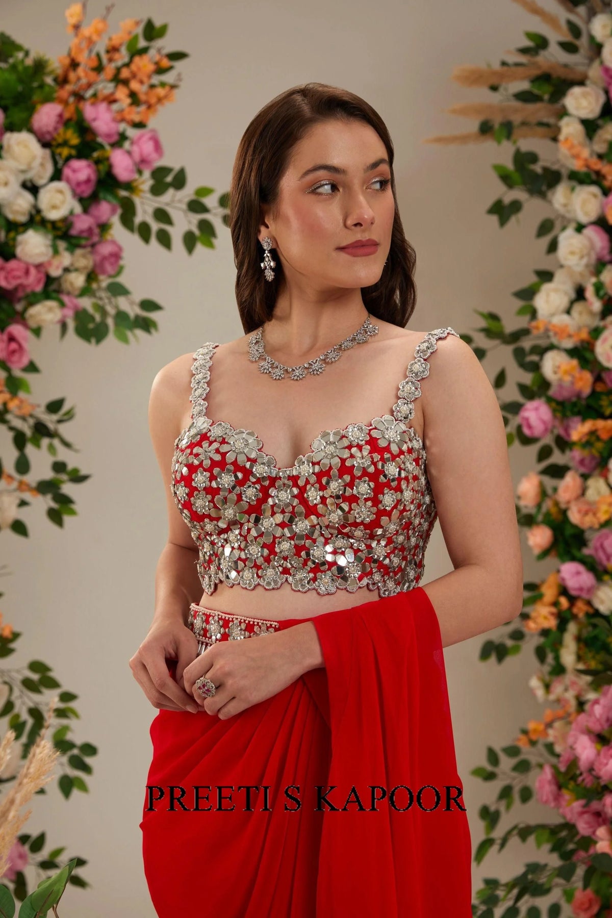 Cadmium red Dupion Blouse Georgette Saree - Preeti S Kapoor