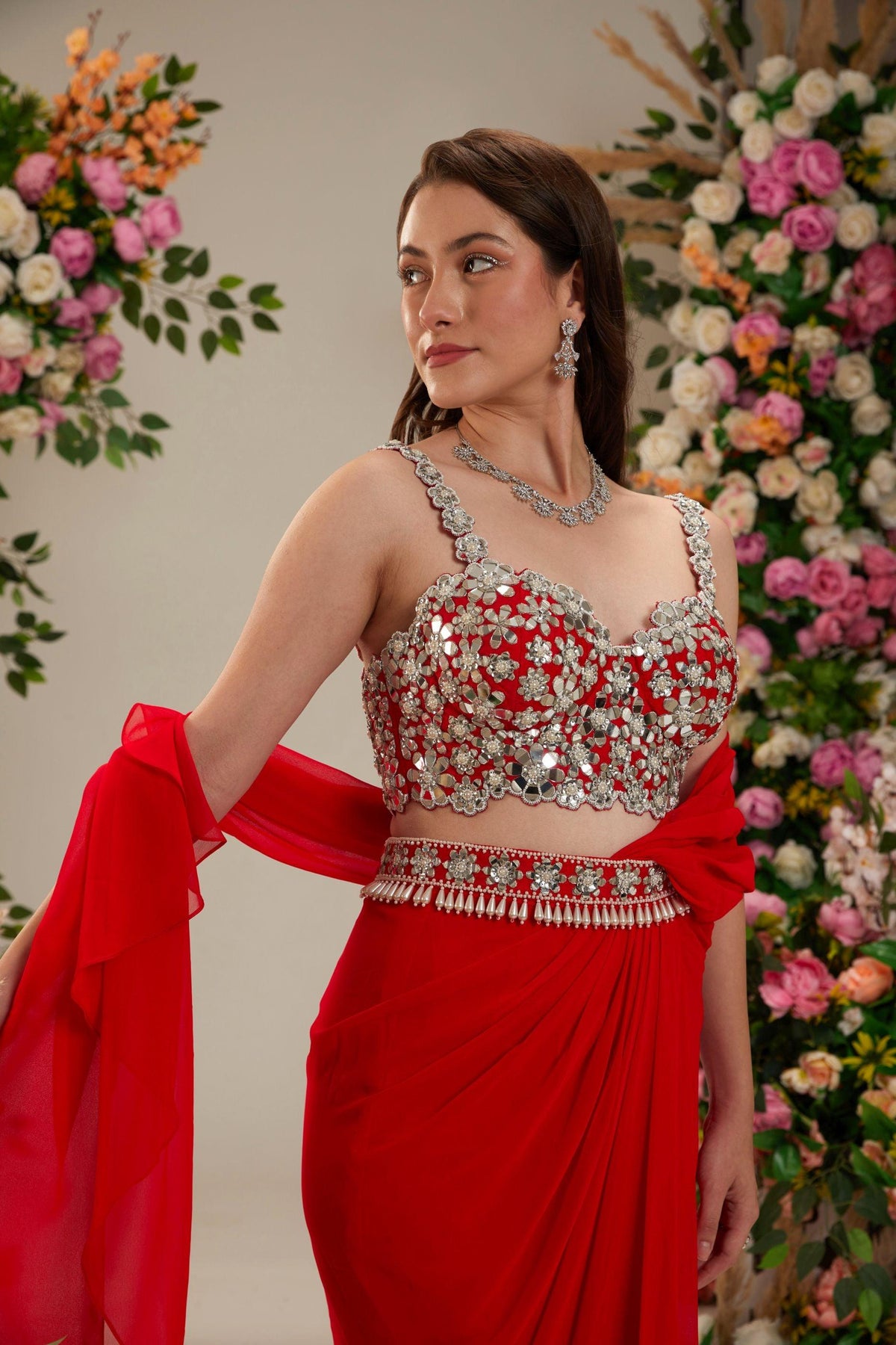 Cadmium red Dupion Blouse Georgette Saree - Preeti s kapoor