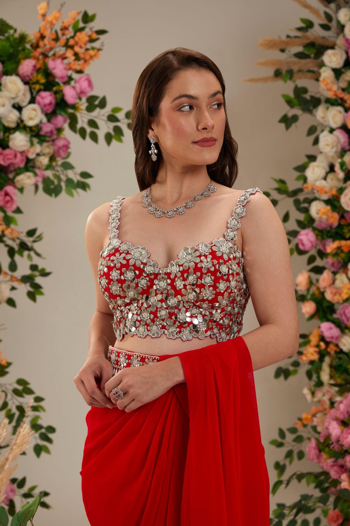 Cadmium red Dupion Blouse Georgette Saree - Preeti s kapoor