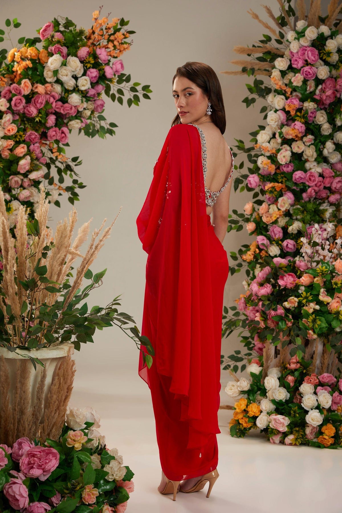 Cadmium red Dupion Blouse Georgette Saree - Preeti s kapoor