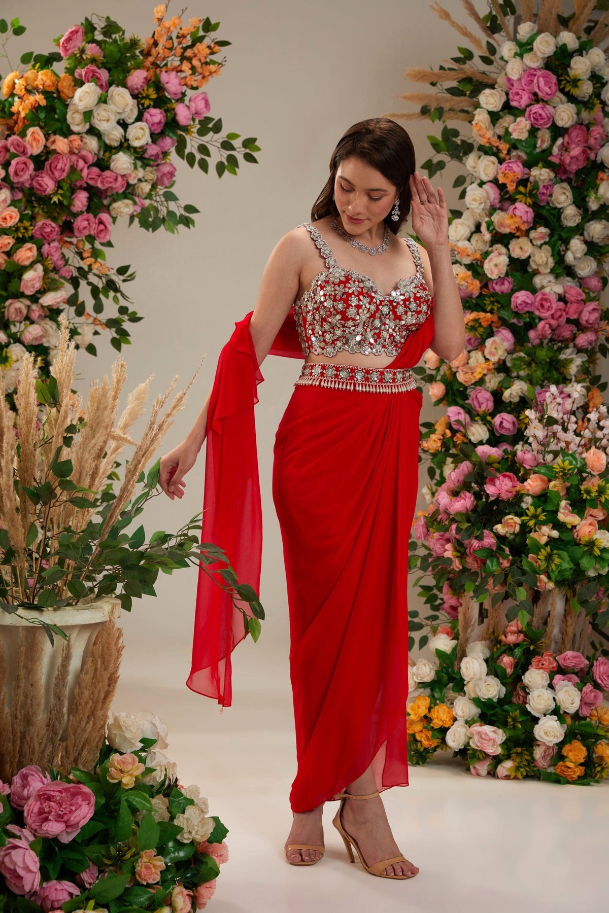 Cadmium red Dupion Blouse Georgette Saree - Preeti s kapoor
