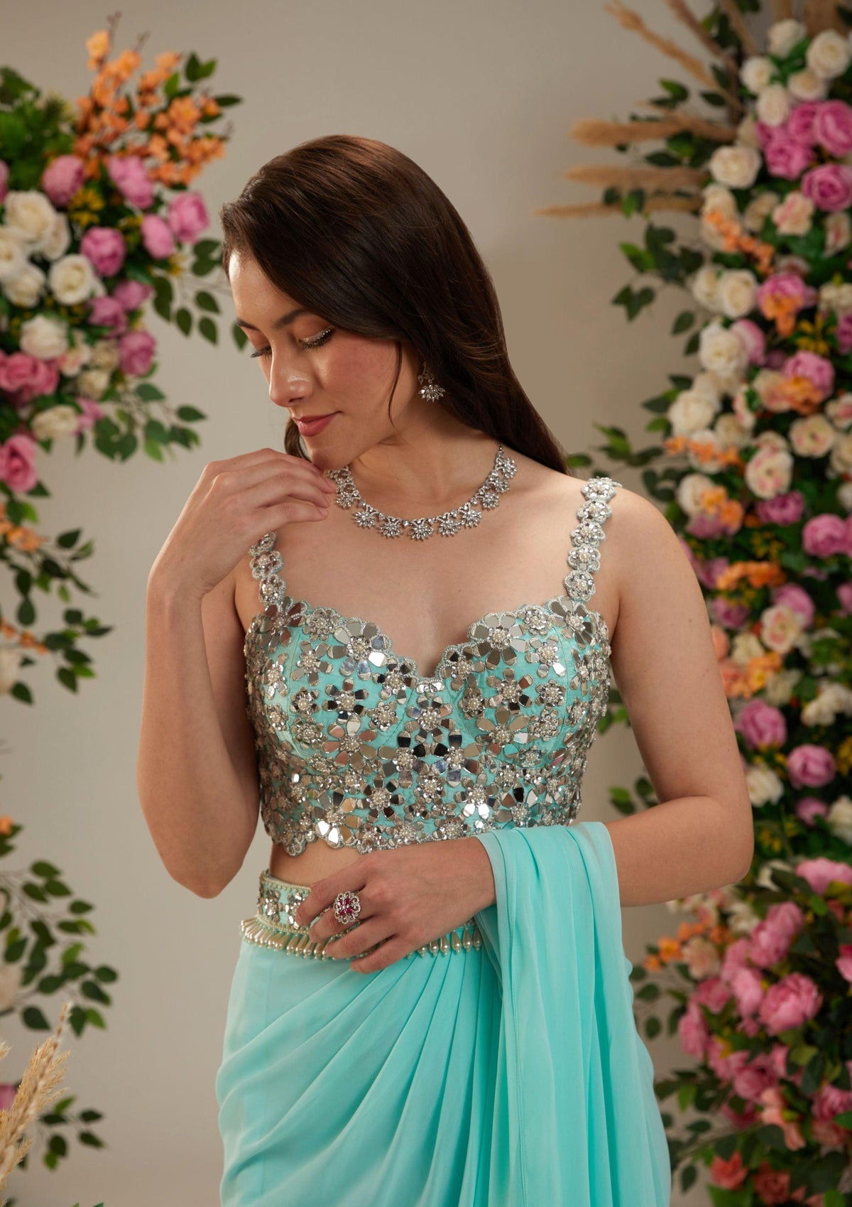 Powder Blue Dupion Blouse Georgette Saree - Preeti s kapoor