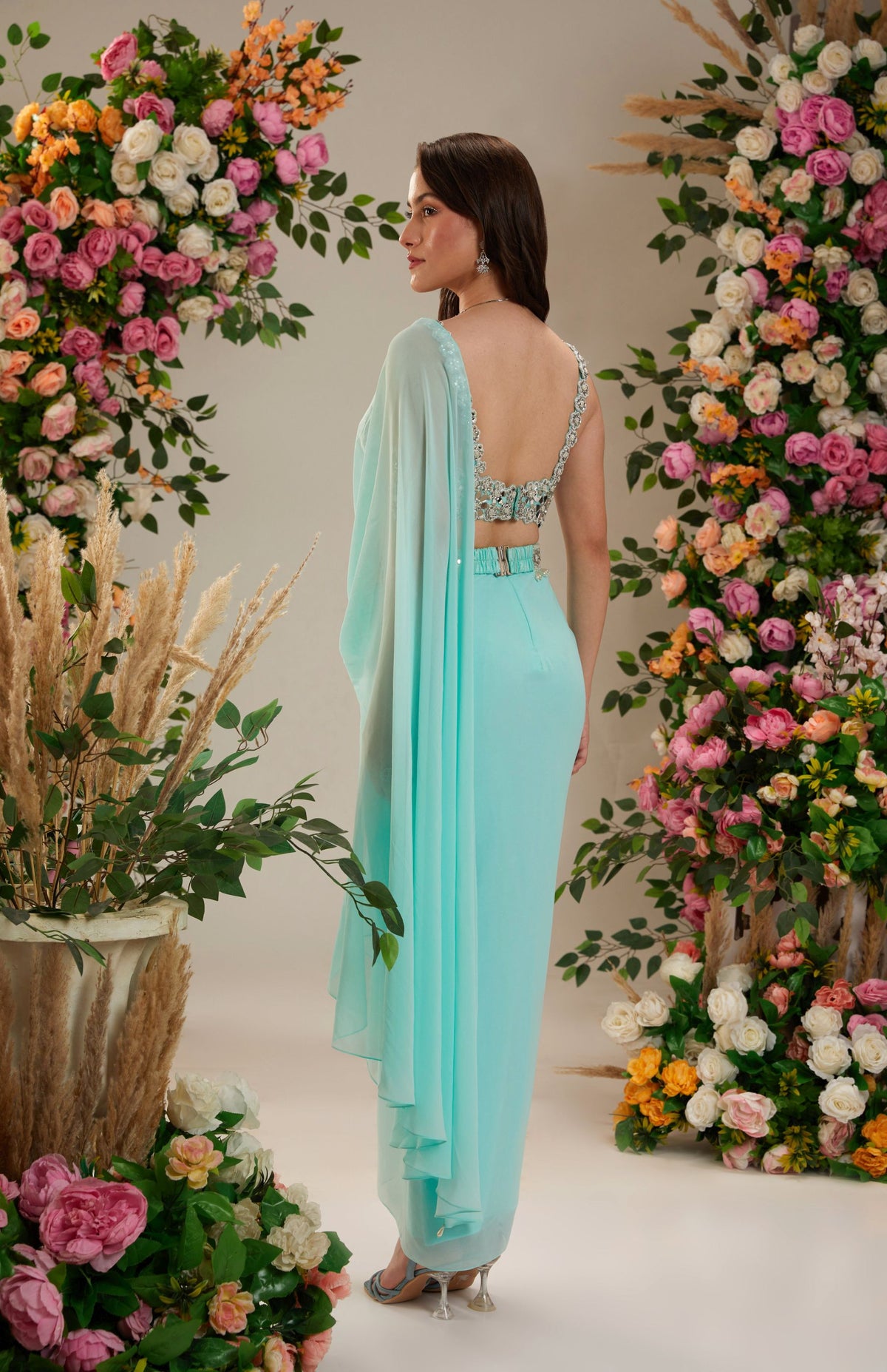 Powder Blue Dupion Blouse Georgette Saree - Preeti s kapoor