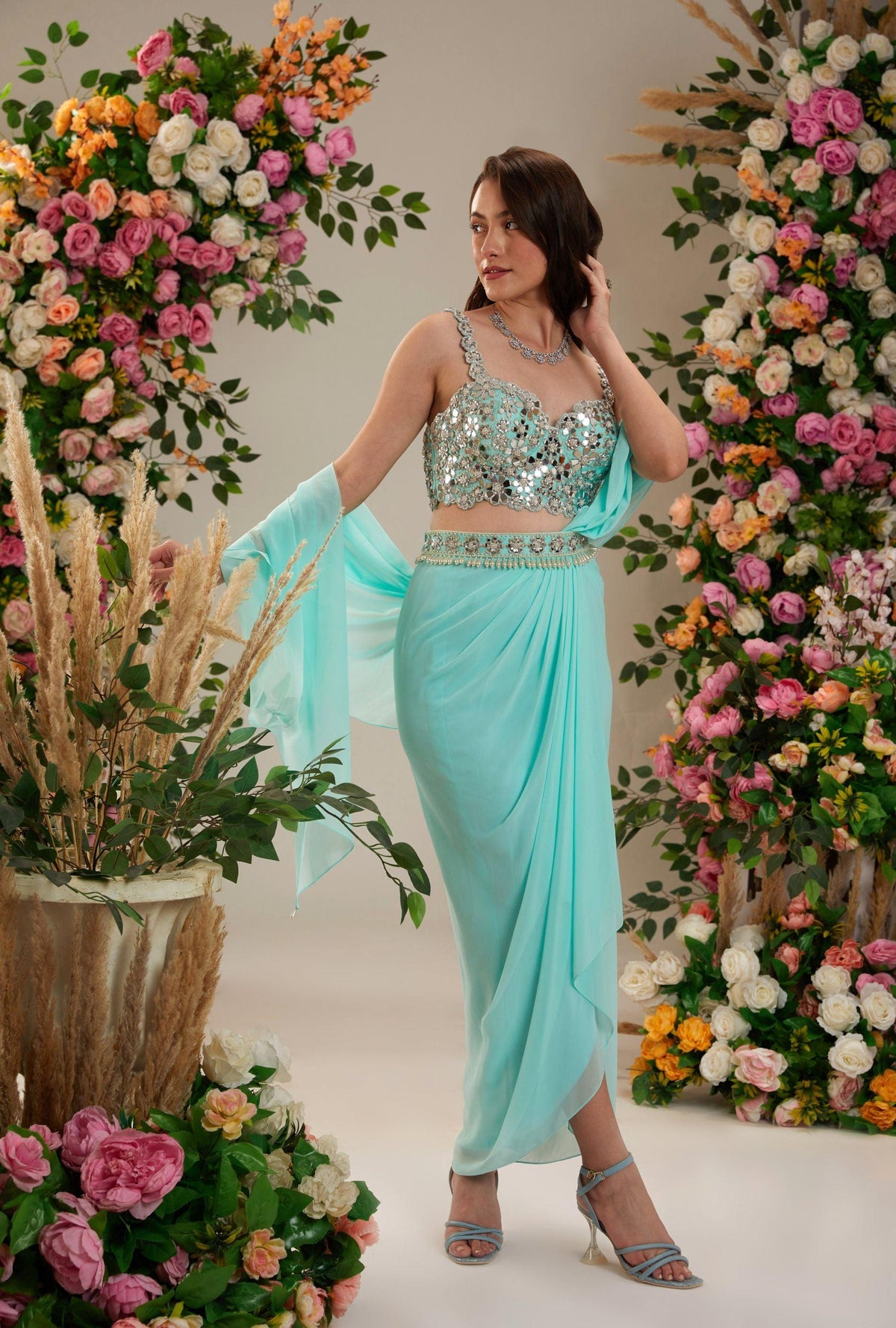 Powder Blue Dupion Blouse Georgette Saree - Preeti s kapoor