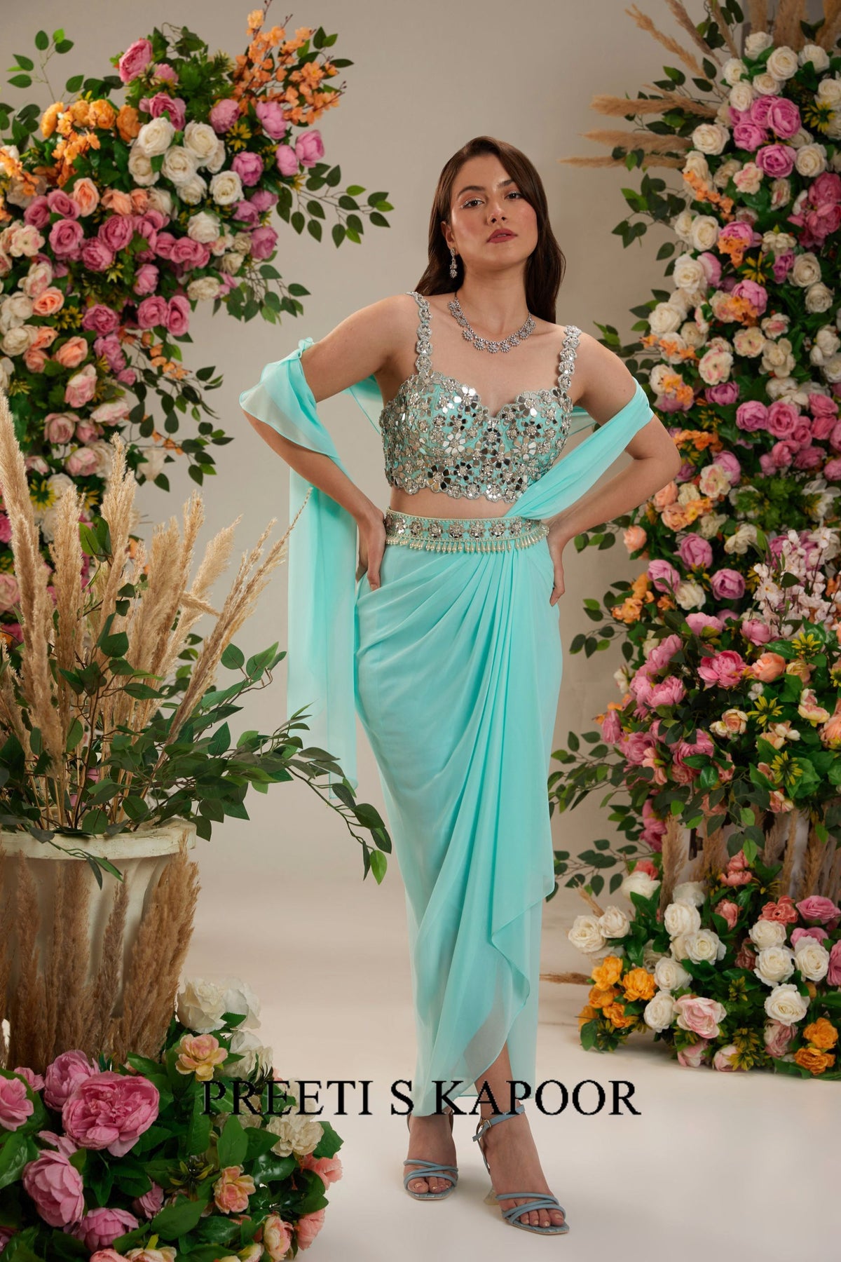 Powder Blue Dupion Blouse Georgette Saree
