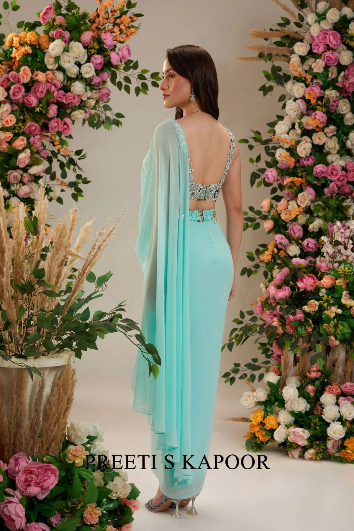 Powder Blue Dupion Blouse Georgette Saree - Preeti S Kapoor
