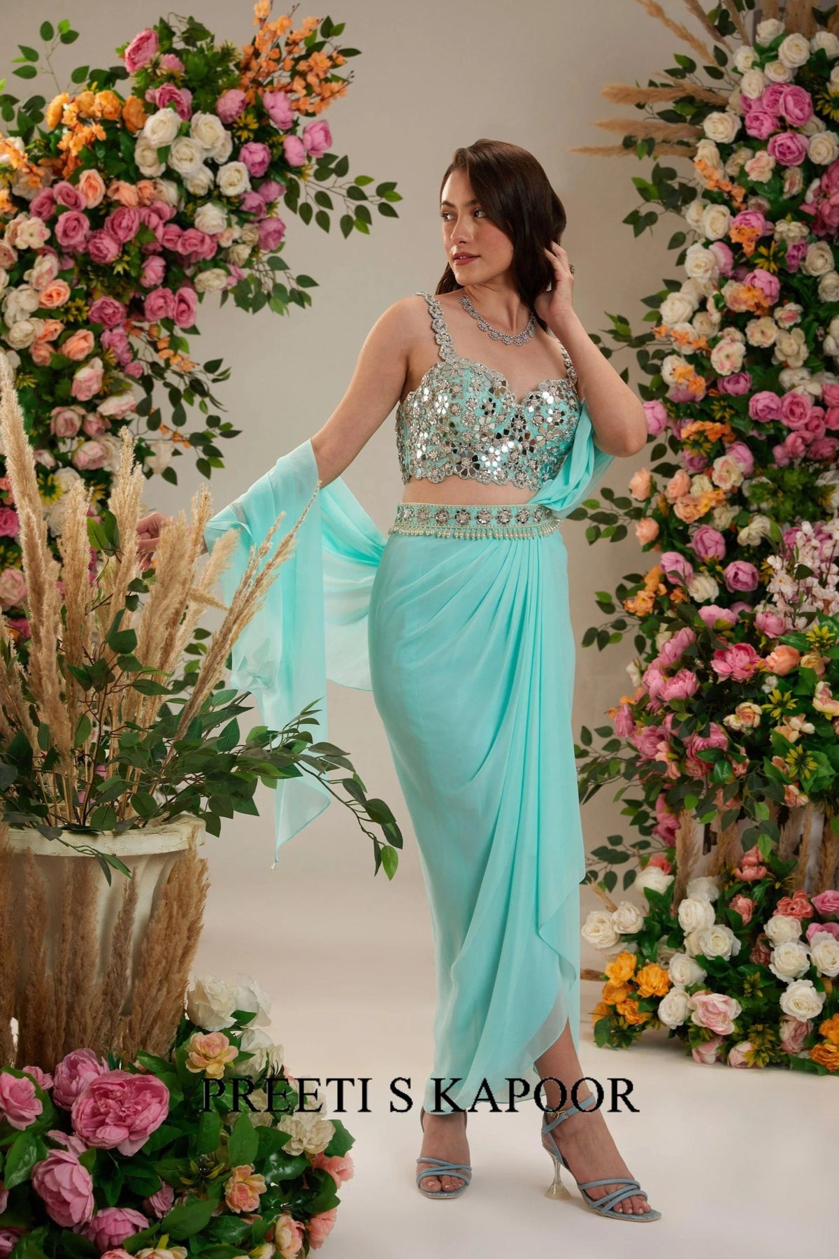 Powder Blue Dupion Blouse Georgette Saree - Preeti S Kapoor