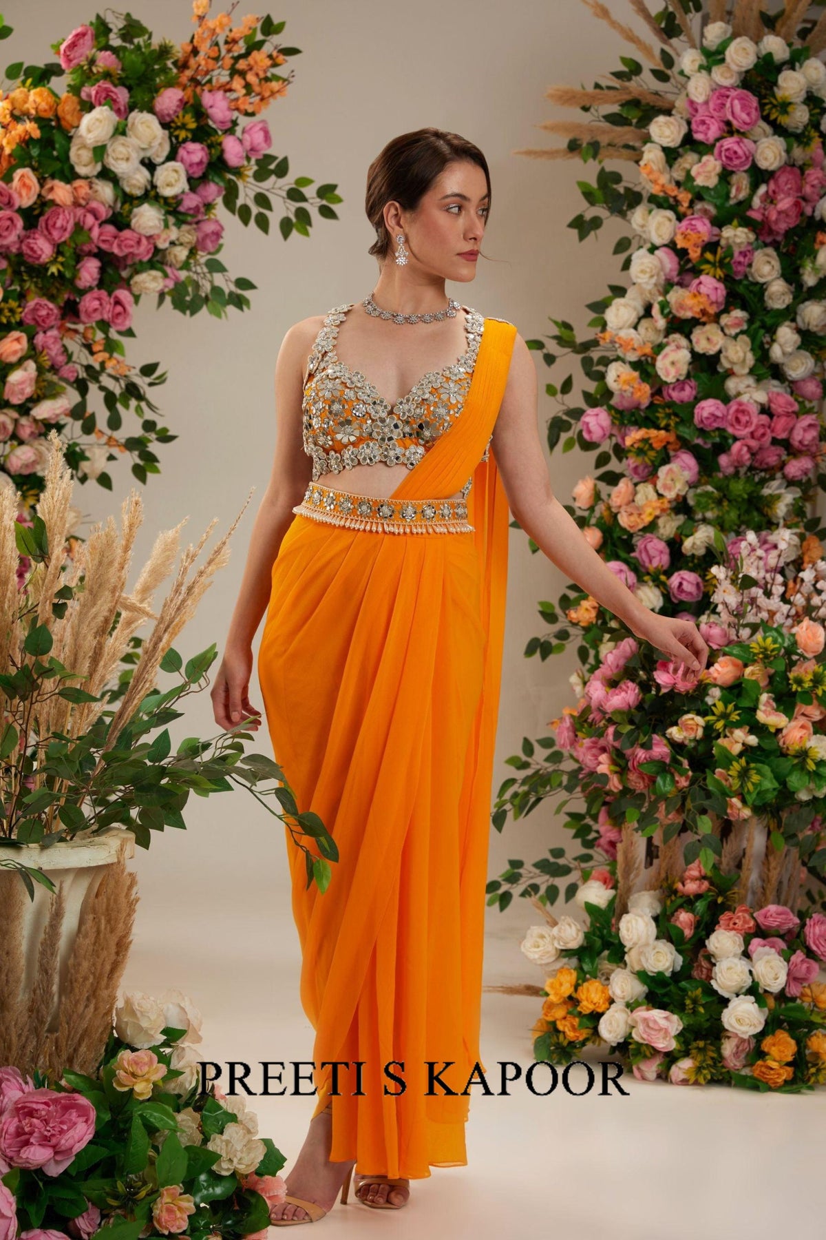 Floral Orange Dupion Blouse Georgette Saree