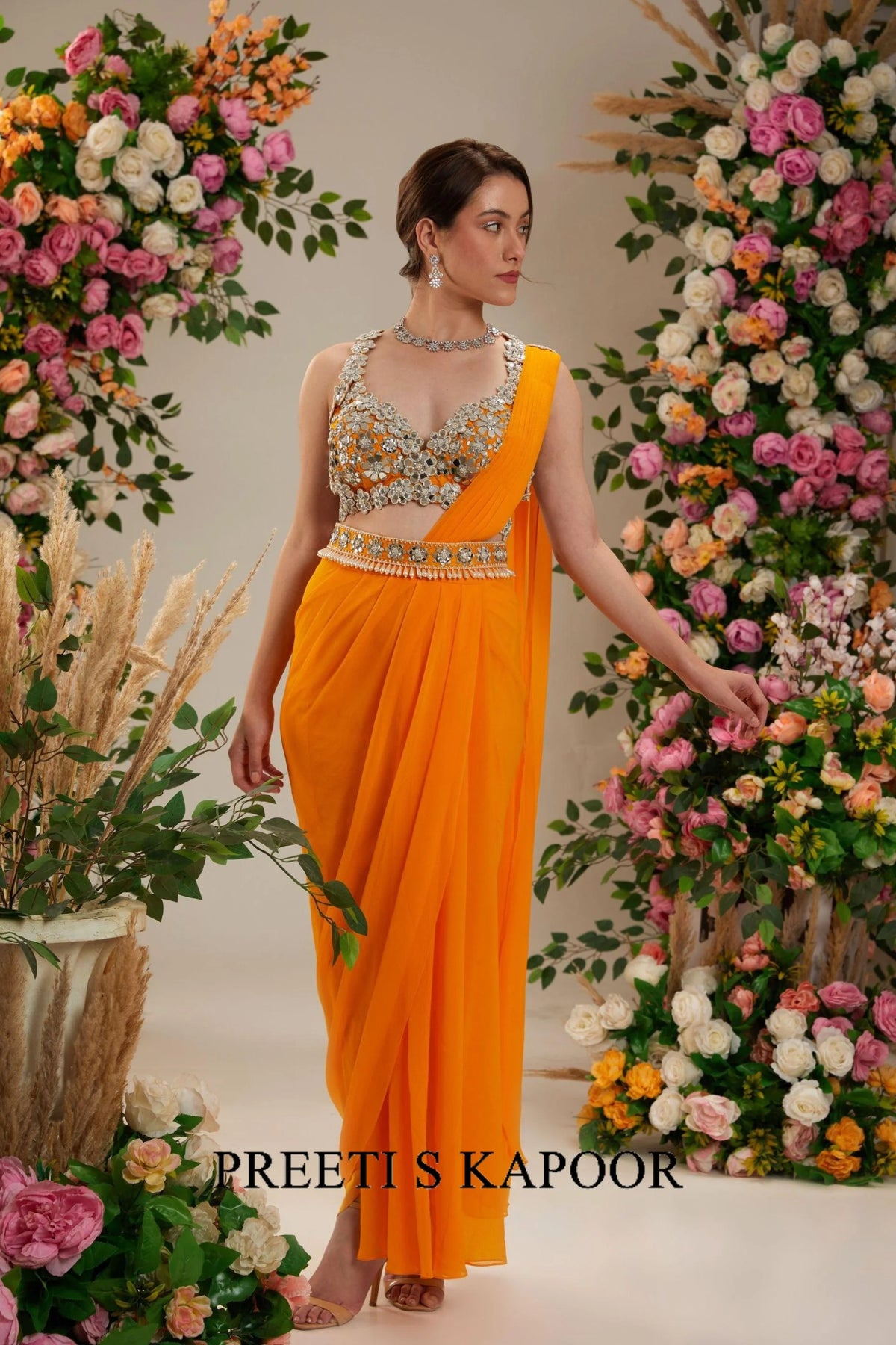 Floral Orange Dupion Blouse Georgette Saree - Preeti S Kapoor