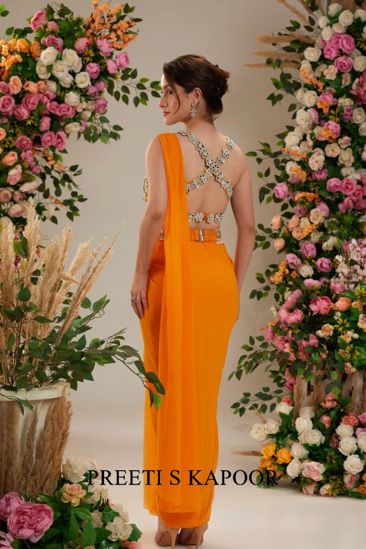 Floral Orange Dupion Blouse Georgette Saree - Preeti S Kapoor