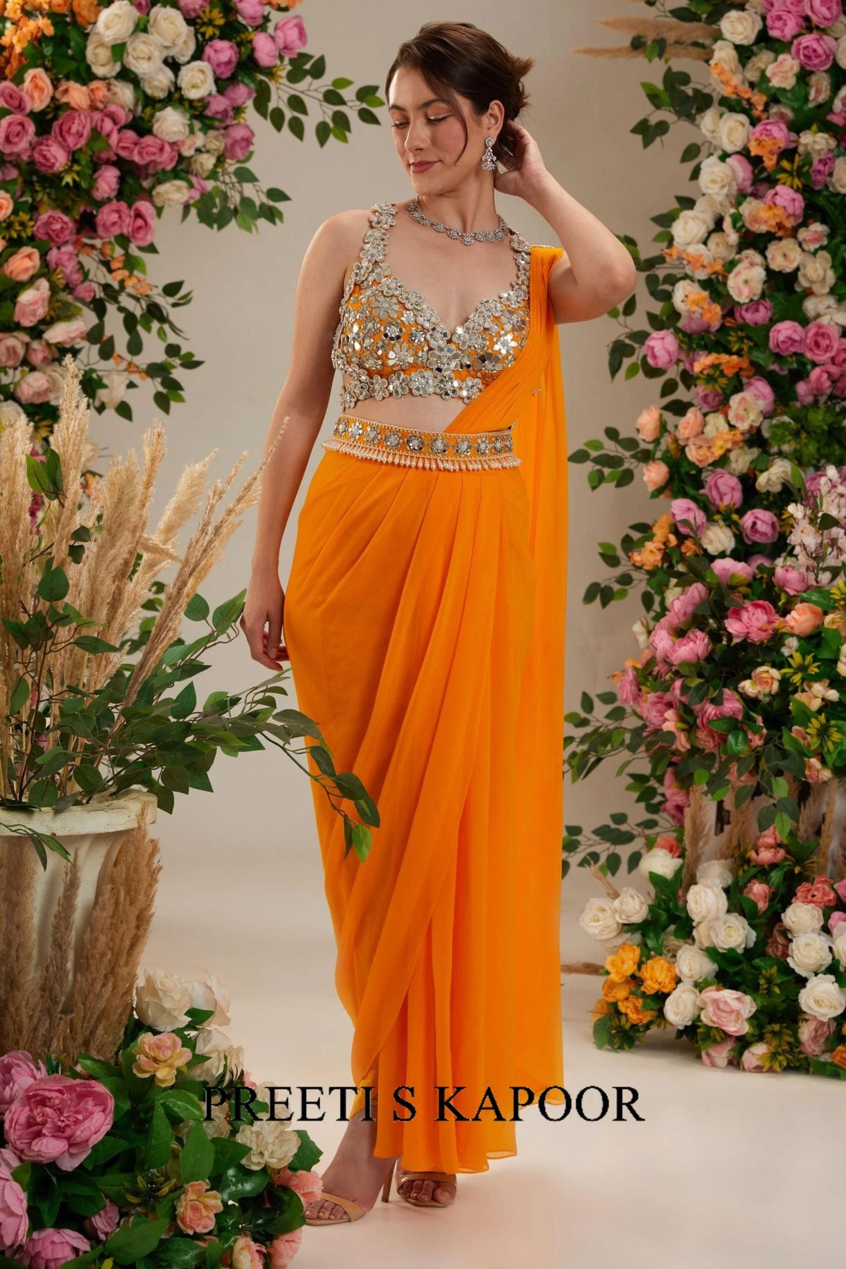 Floral Orange Dupion Blouse Georgette Saree - Preeti S Kapoor