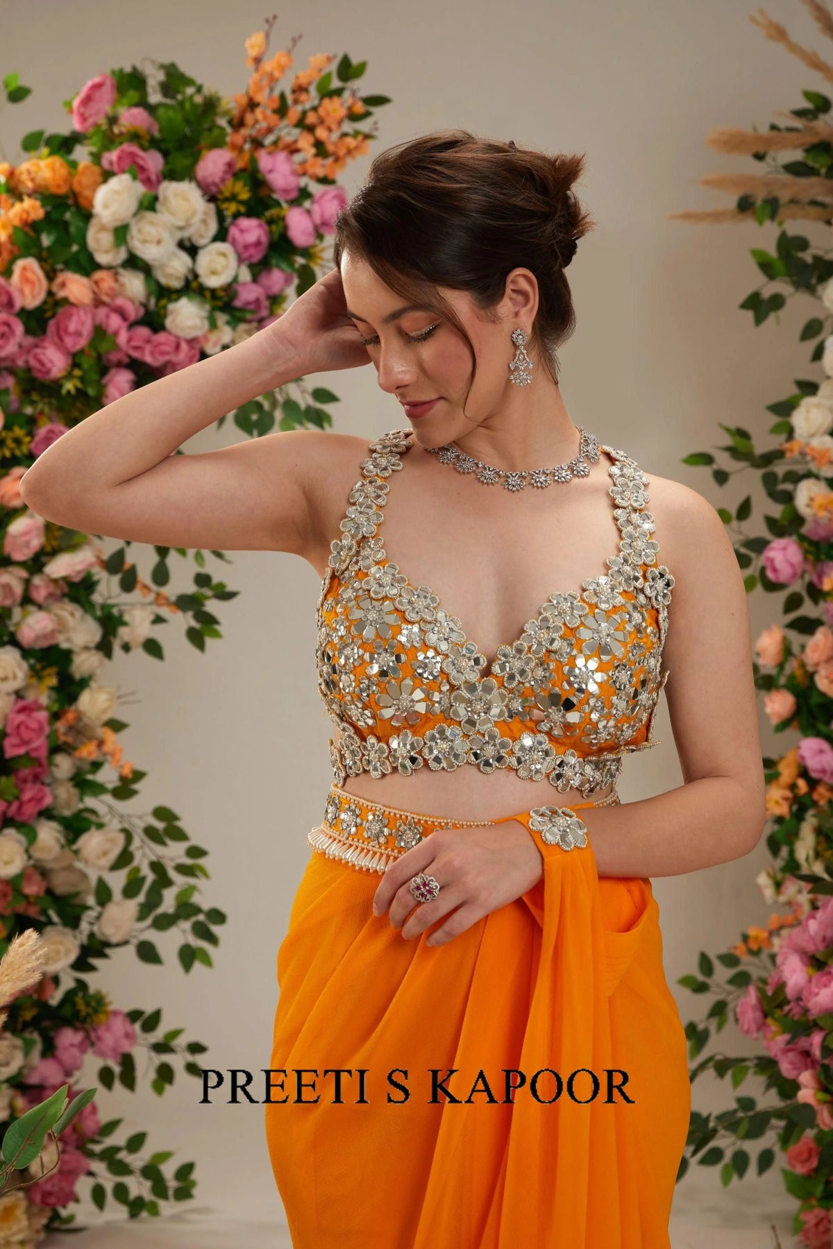 Floral Orange Dupion Blouse Georgette Saree - Preeti S Kapoor