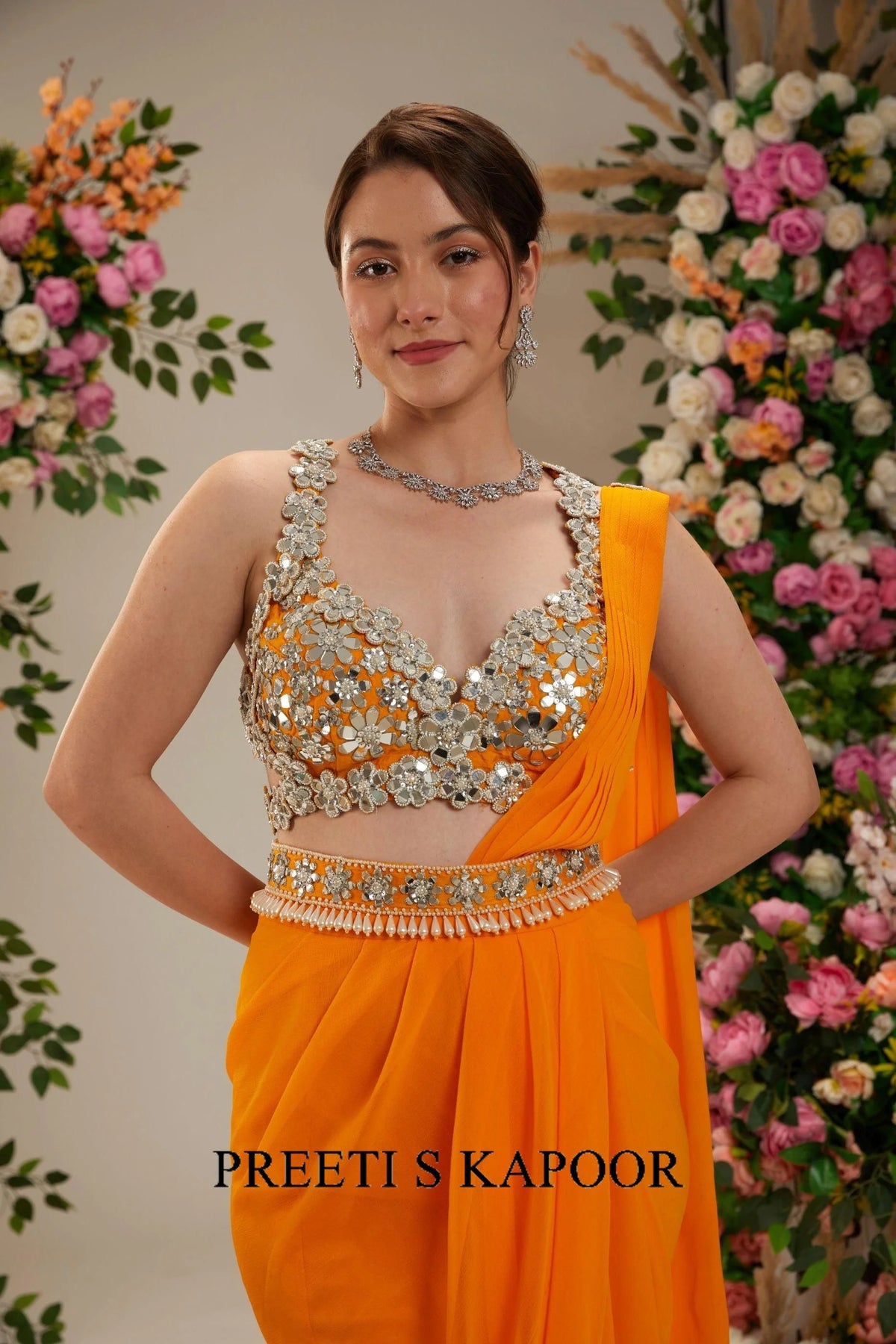Floral Orange Dupion Blouse Georgette Saree - Preeti S Kapoor