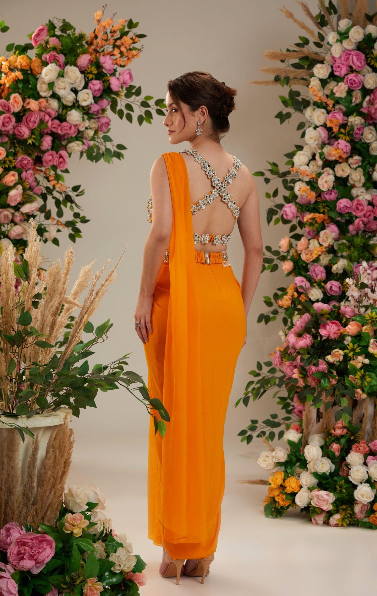 Floral Orange Dupion Blouse Georgette Saree - Preeti s kapoor