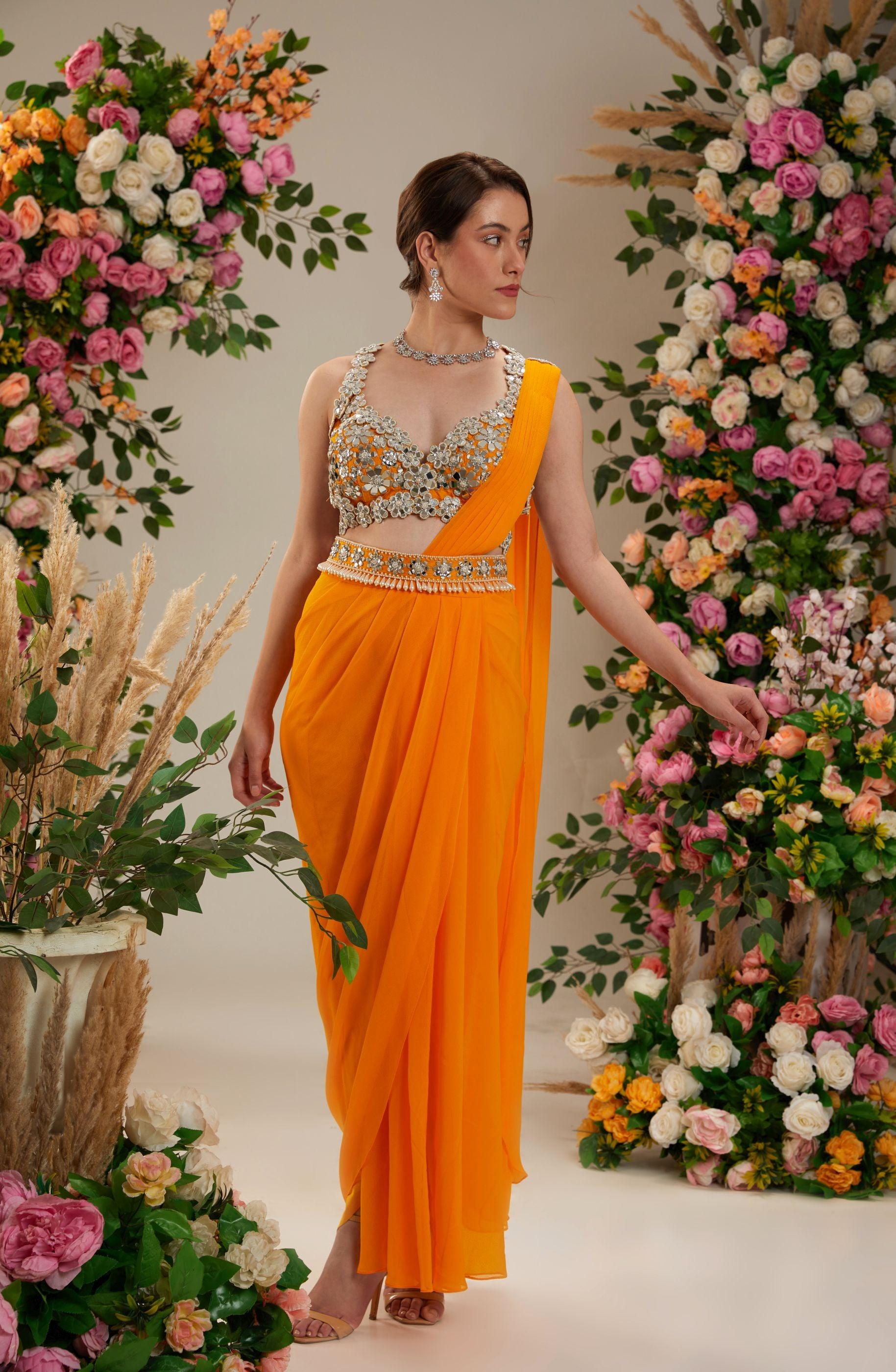 Floral Orange Dupion Blouse Georgette Saree – Preeti s kapoor