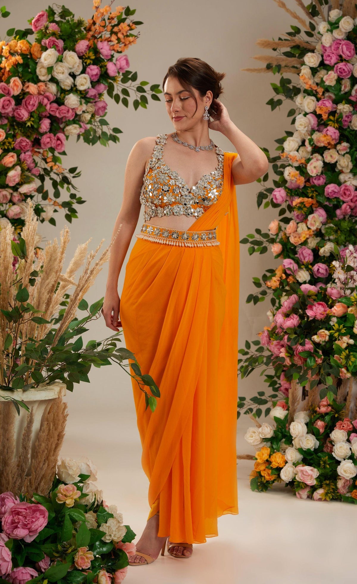 Floral Orange Dupion Blouse Georgette Saree - Preeti s kapoor