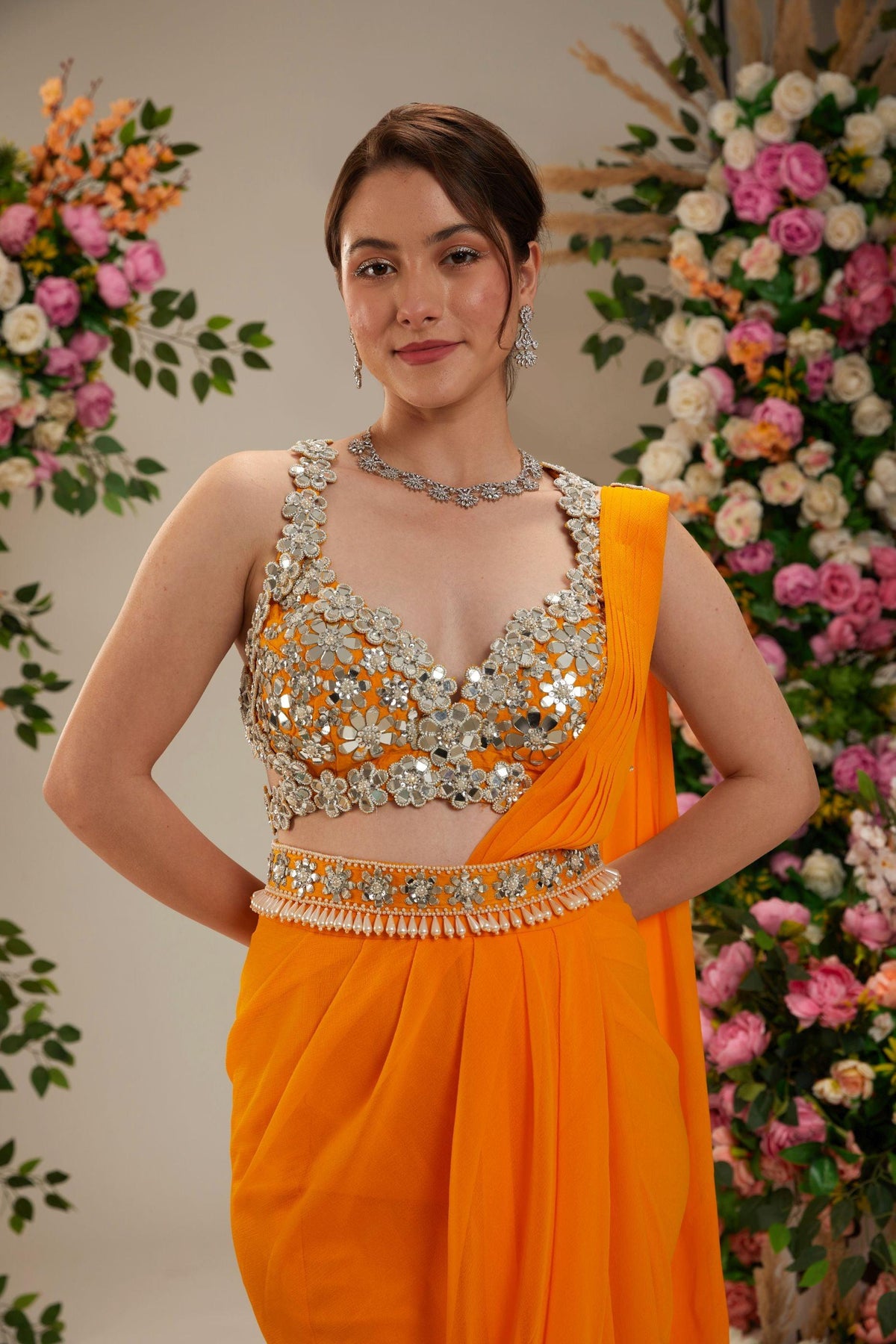 Floral Orange Dupion Blouse Georgette Saree - Preeti s kapoor