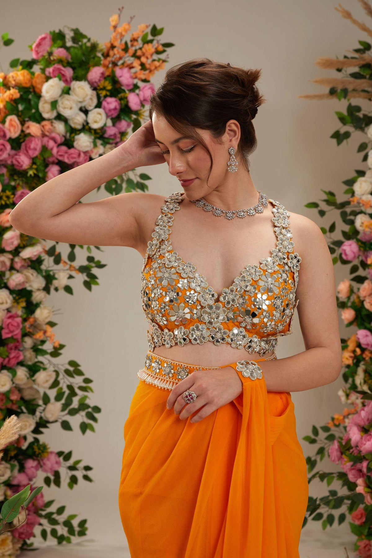 Floral Orange Dupion Blouse Georgette Saree - Preeti s kapoor