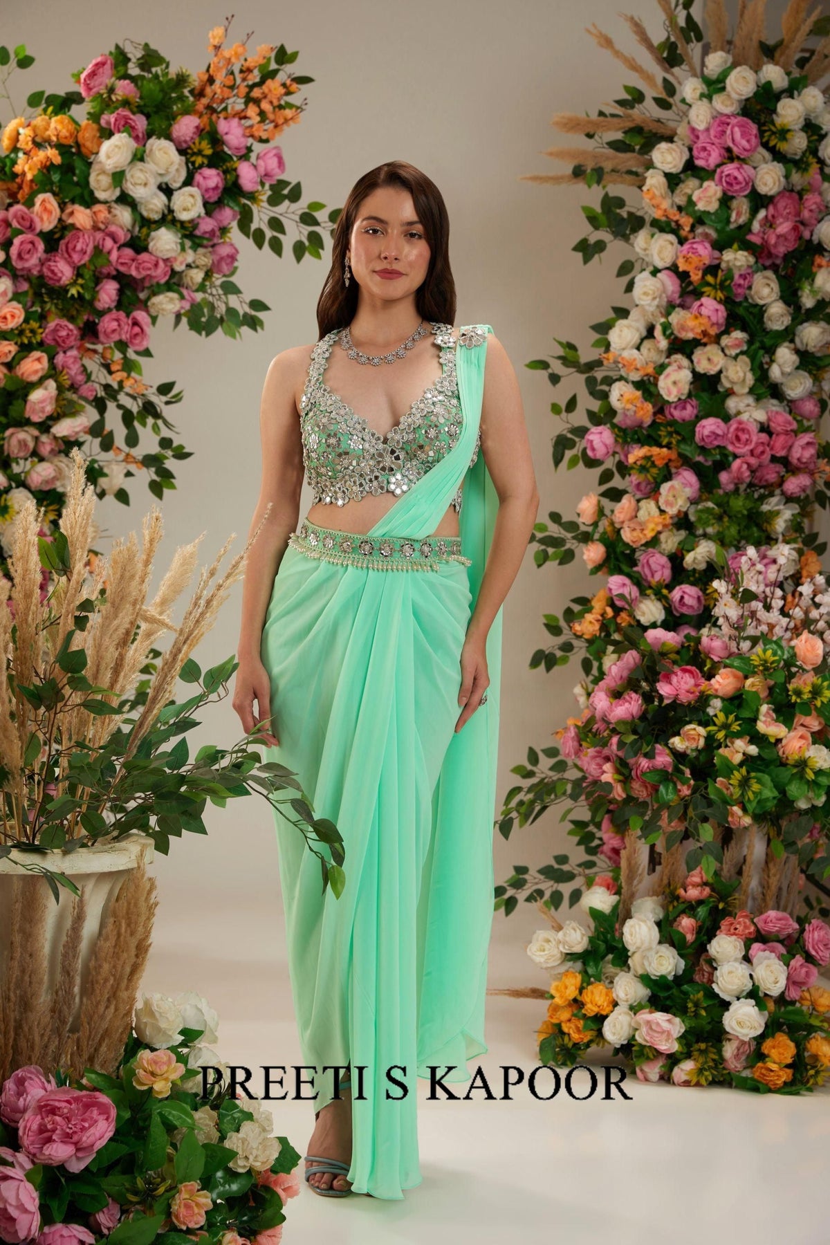 Aquamarine Green Dupion Blouse Georgette saree