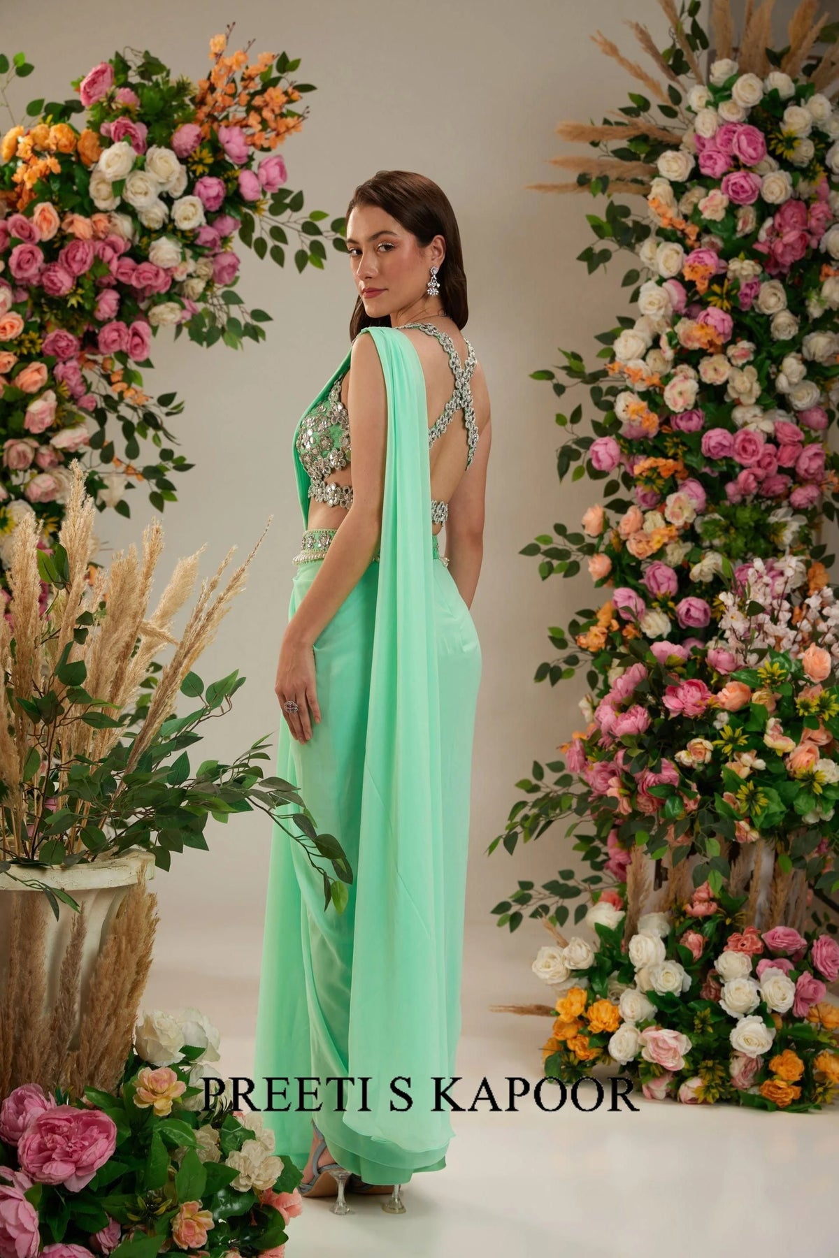 Aquamarine Green Dupion Blouse Georgette saree - Preeti S Kapoor