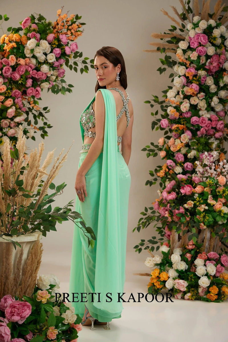 Aquamarine Green Dupion Blouse Georgette saree - Preeti S Kapoor