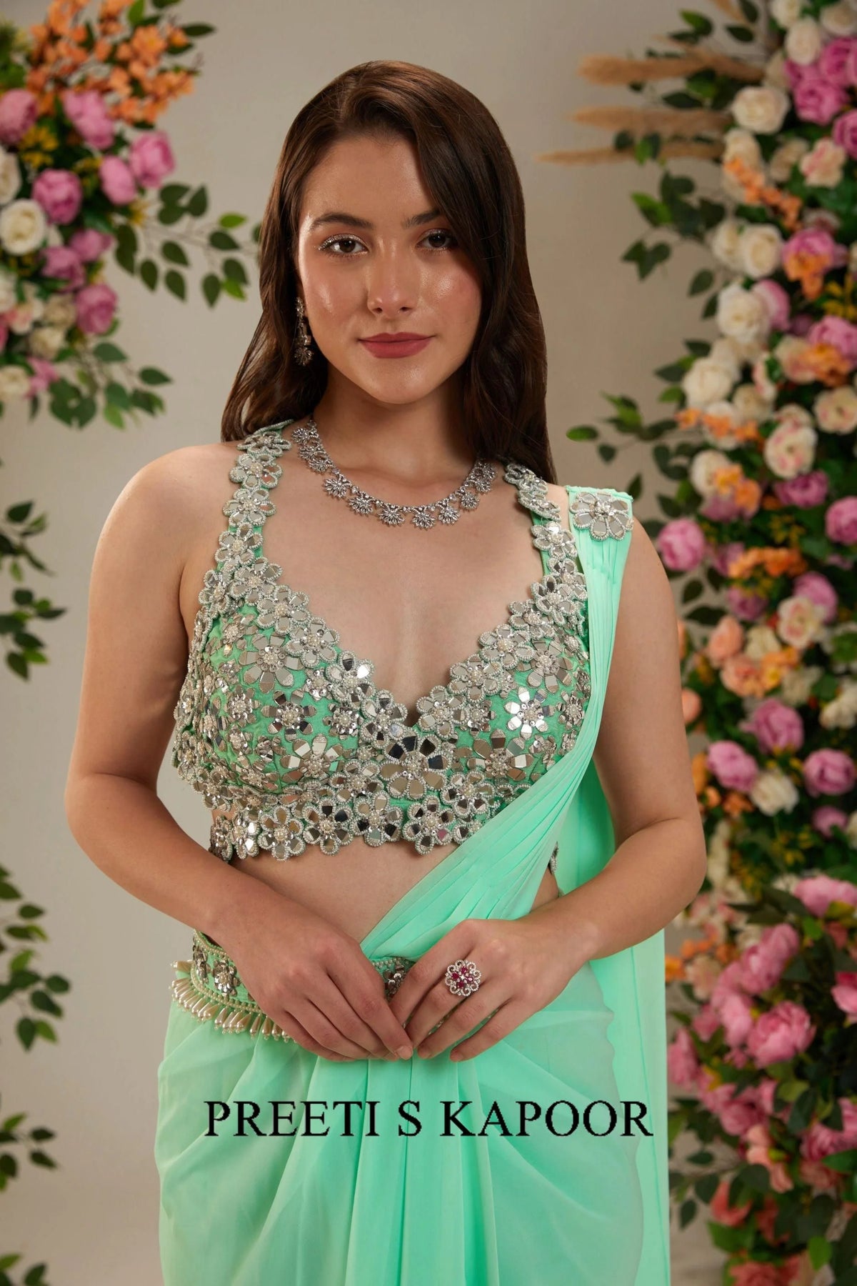 Aquamarine Green Dupion Blouse Georgette saree - Preeti S Kapoor