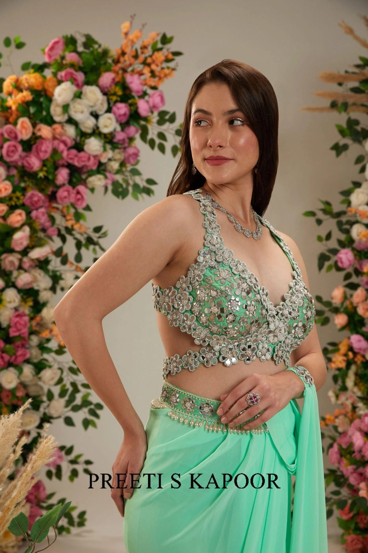Aquamarine Green Dupion Blouse Georgette saree - Preeti S Kapoor