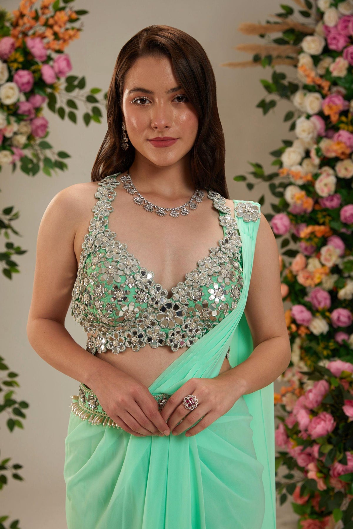 Aquamarine Green Dupion Blouse Georgette saree - Preeti s kapoor