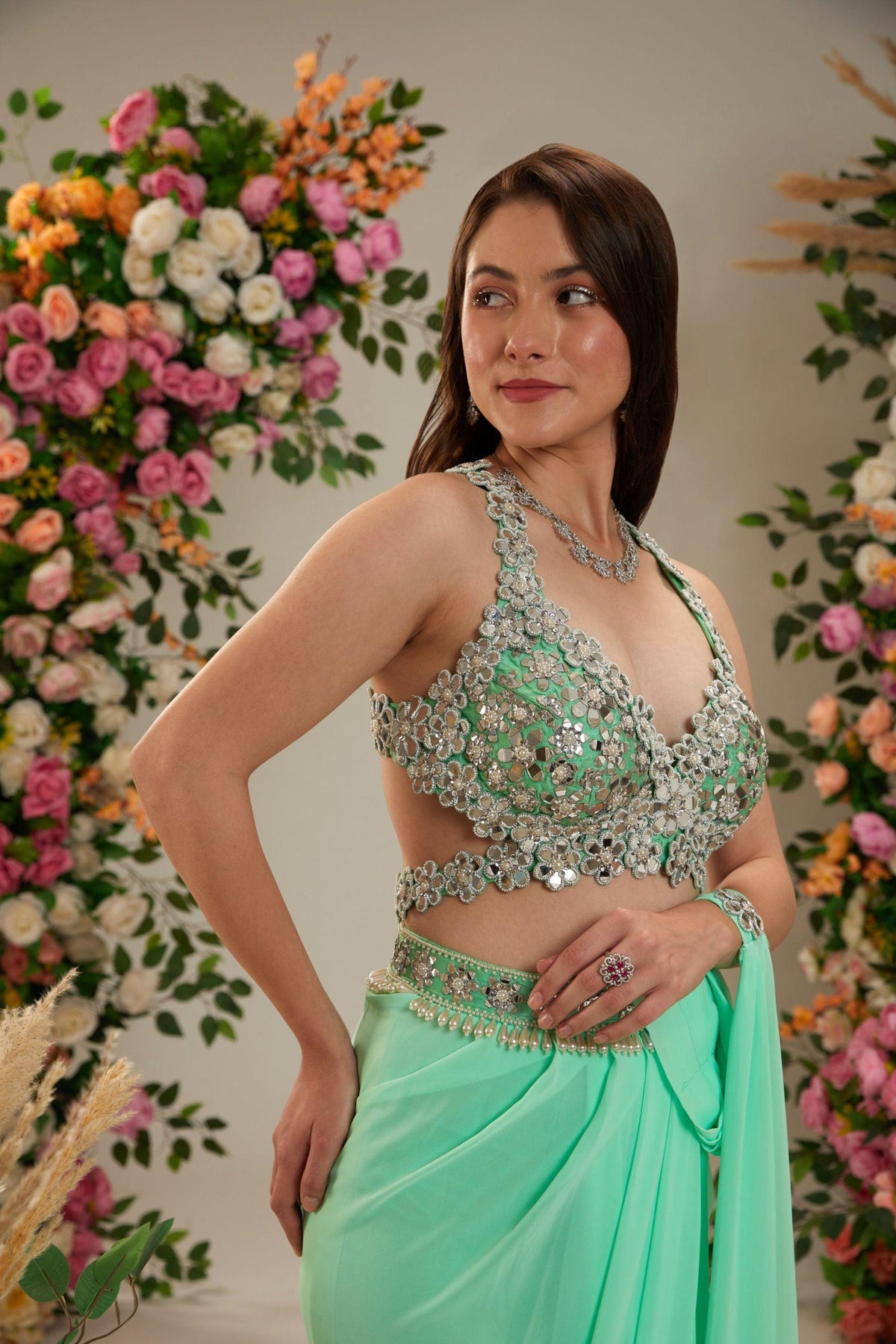 Aquamarine Green Dupion Blouse Georgette saree - Preeti s kapoor