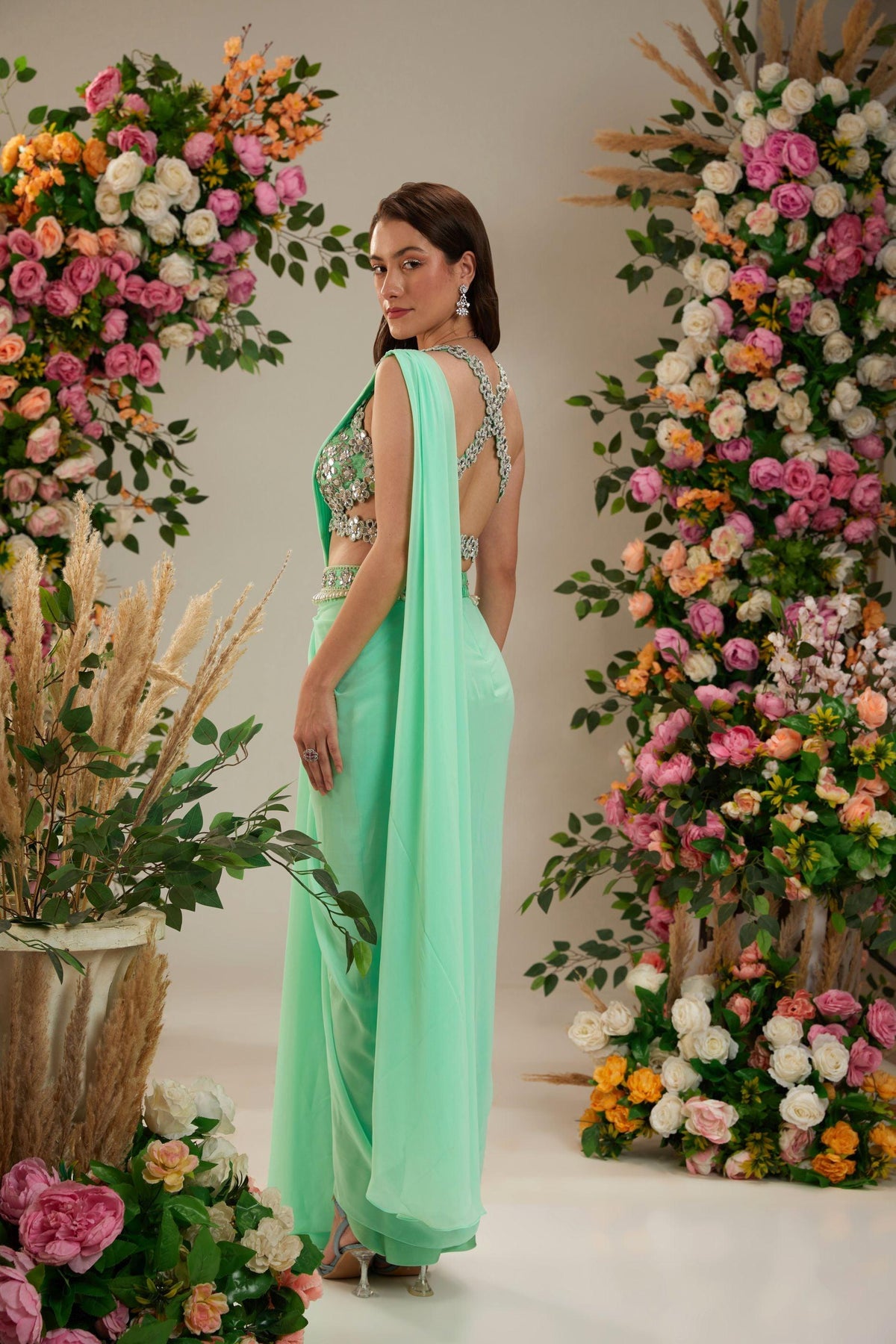 Aquamarine Green Dupion Blouse Georgette saree - Preeti s kapoor