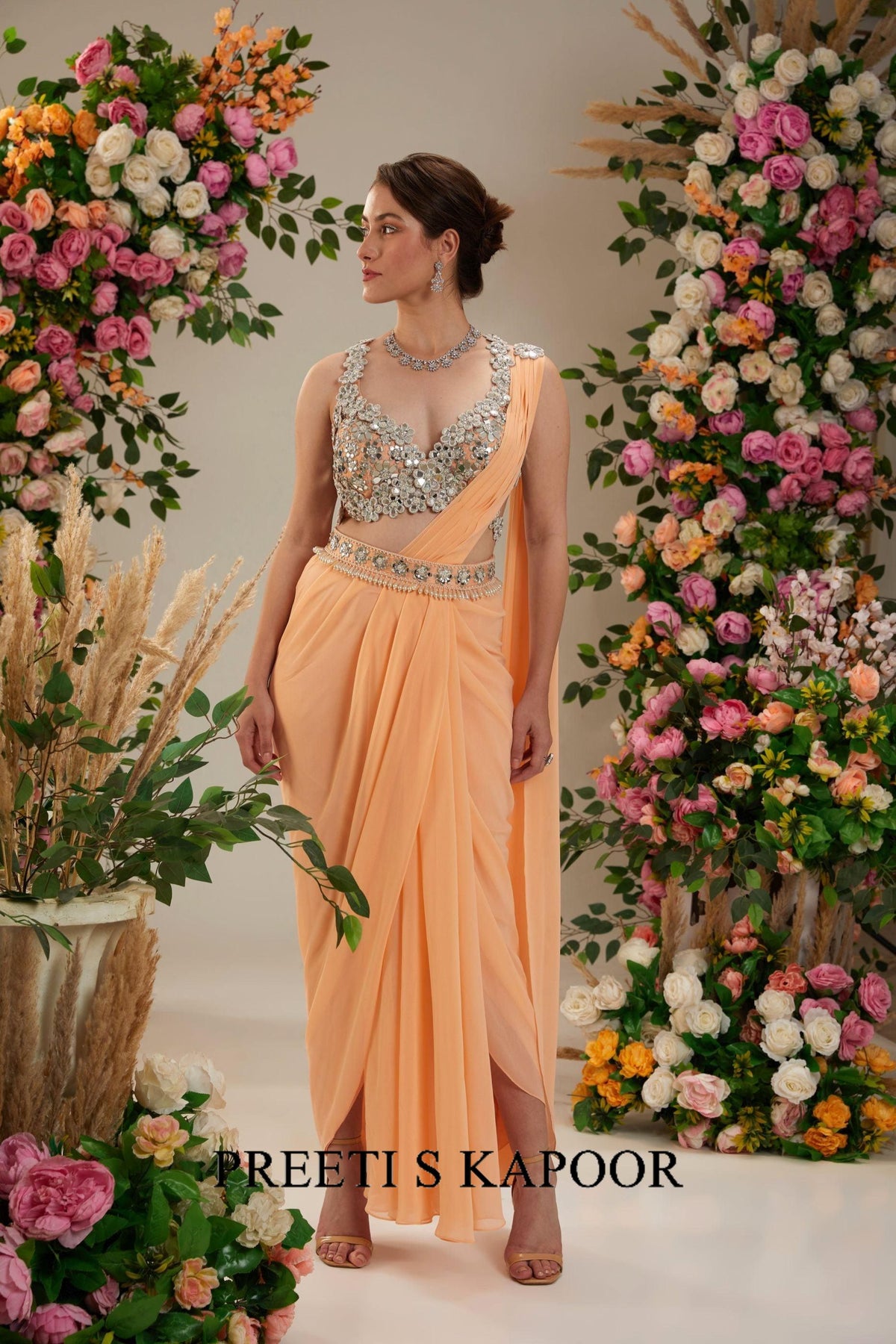 Peach Dupion Blouse Georgette Saree