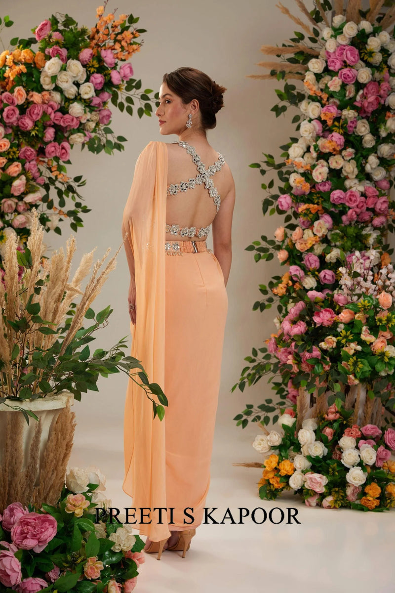 Peach Dupion Blouse Georgette Saree - Preeti S Kapoor