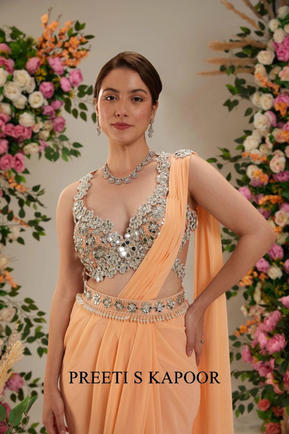 Peach Dupion Blouse Georgette Saree - Preeti S Kapoor