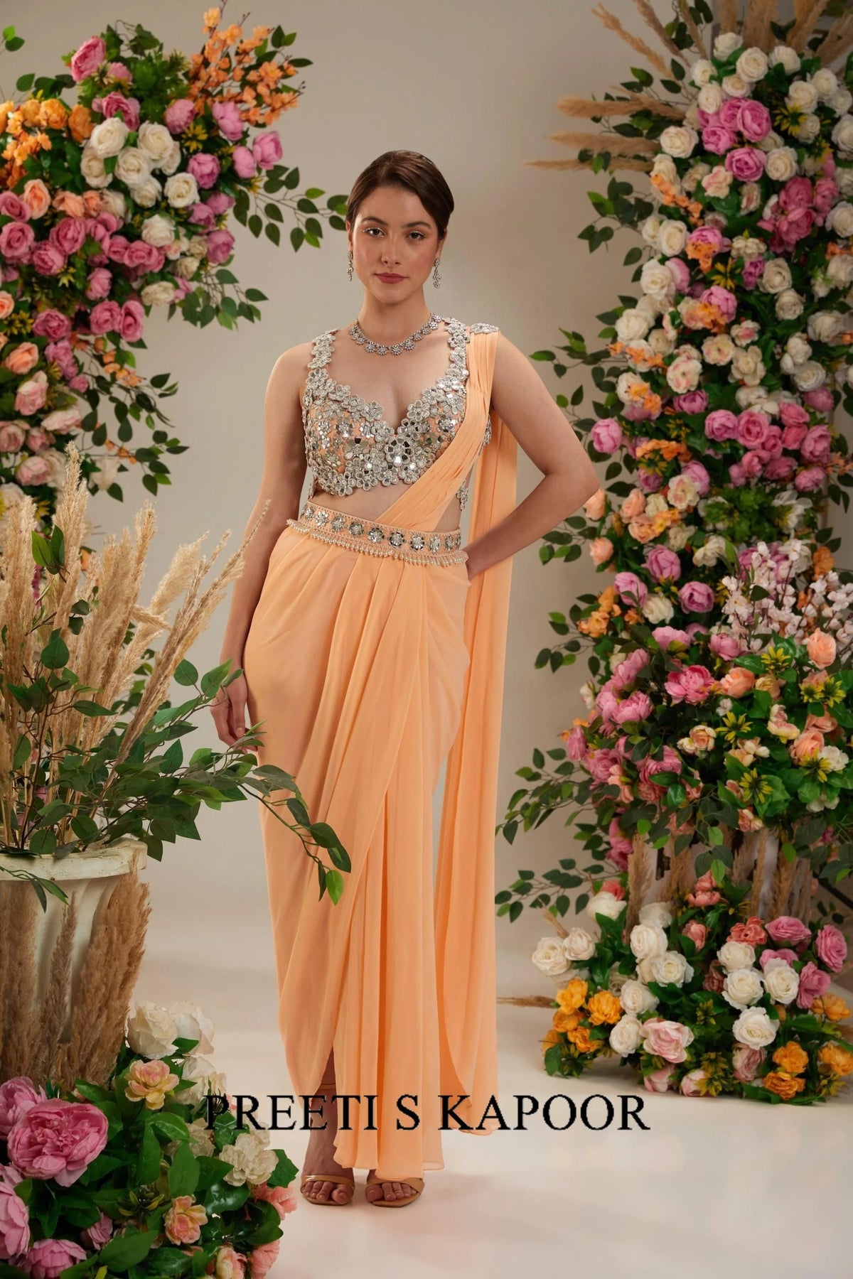 Peach Dupion Blouse Georgette Saree - Preeti S Kapoor