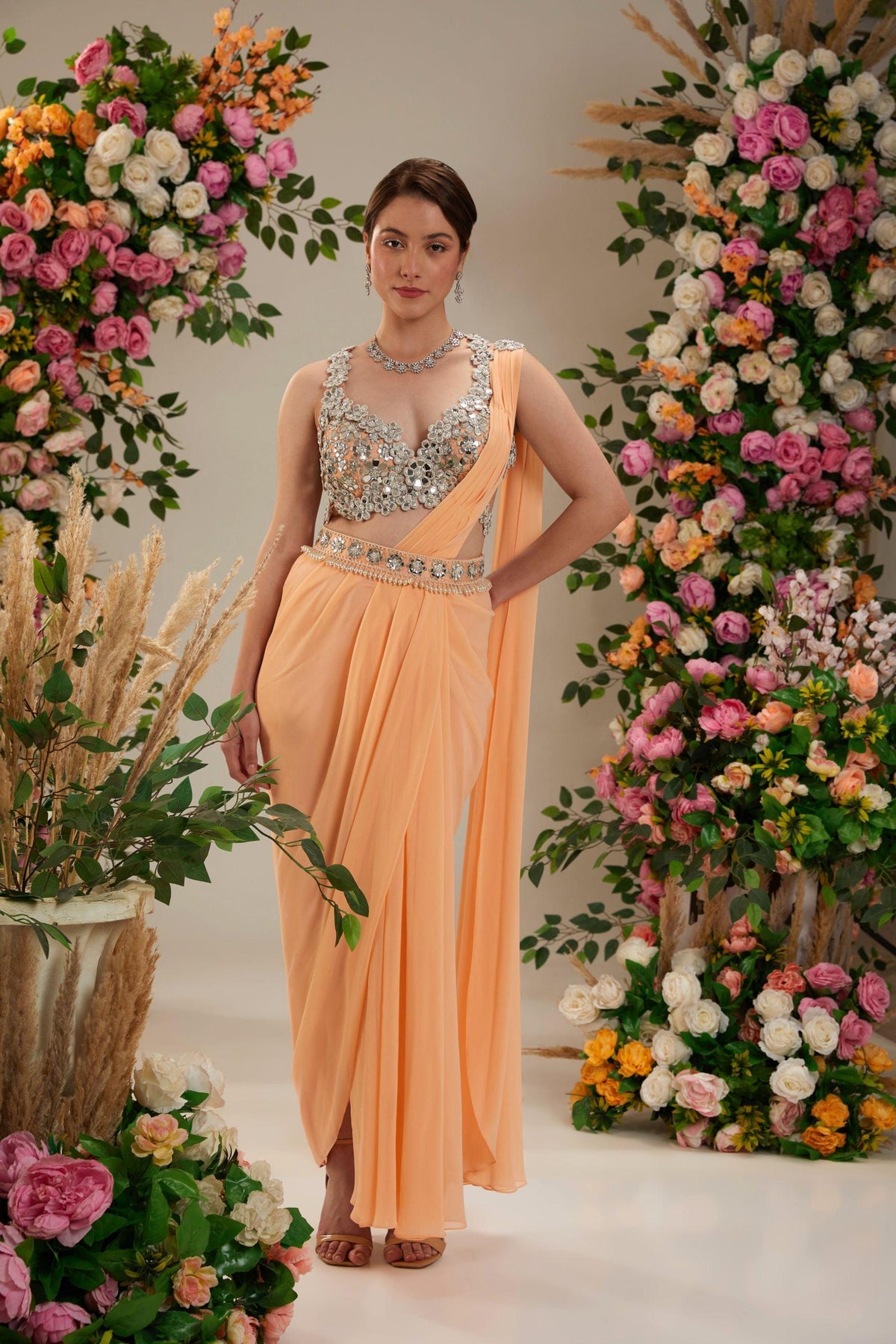 Peach Dupion Blouse Georgette Saree - Preeti s kapoor