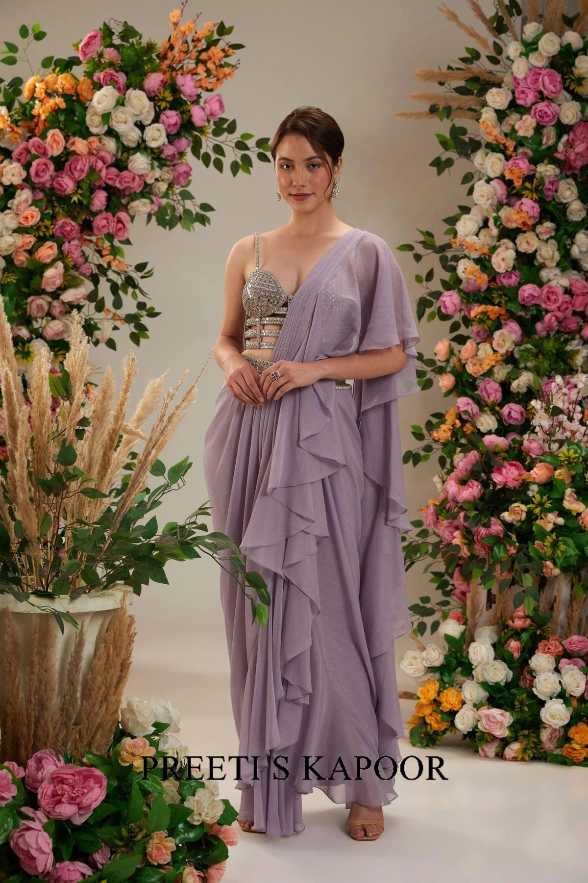 Lilac Dupion Blouse Shimmer Georgette Saree - Preeti S Kapoor