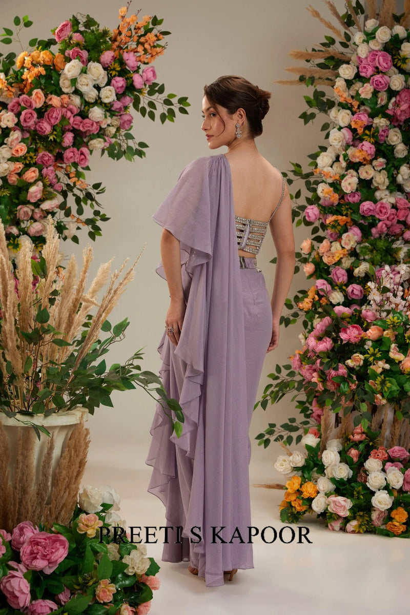 Lilac Dupion Blouse Shimmer Georgette Saree - Preeti S Kapoor
